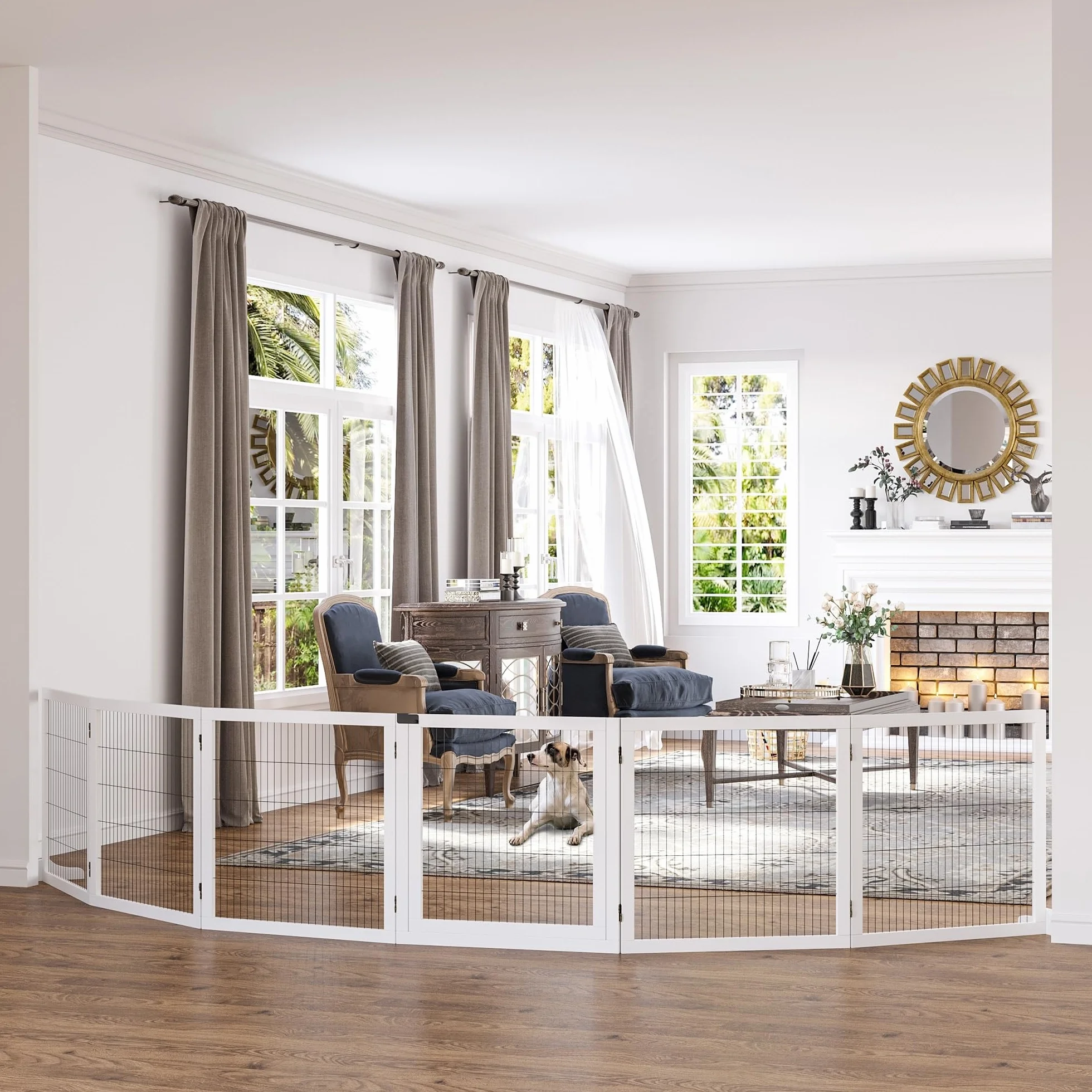 PawHut Cancelletto per Cani di Piccola/Media Taglia a 6 Pannelli Pieghevoli, Cancelletto di Sicurezza in Legno e Acciaio, 432x36x70 cm, Bianco