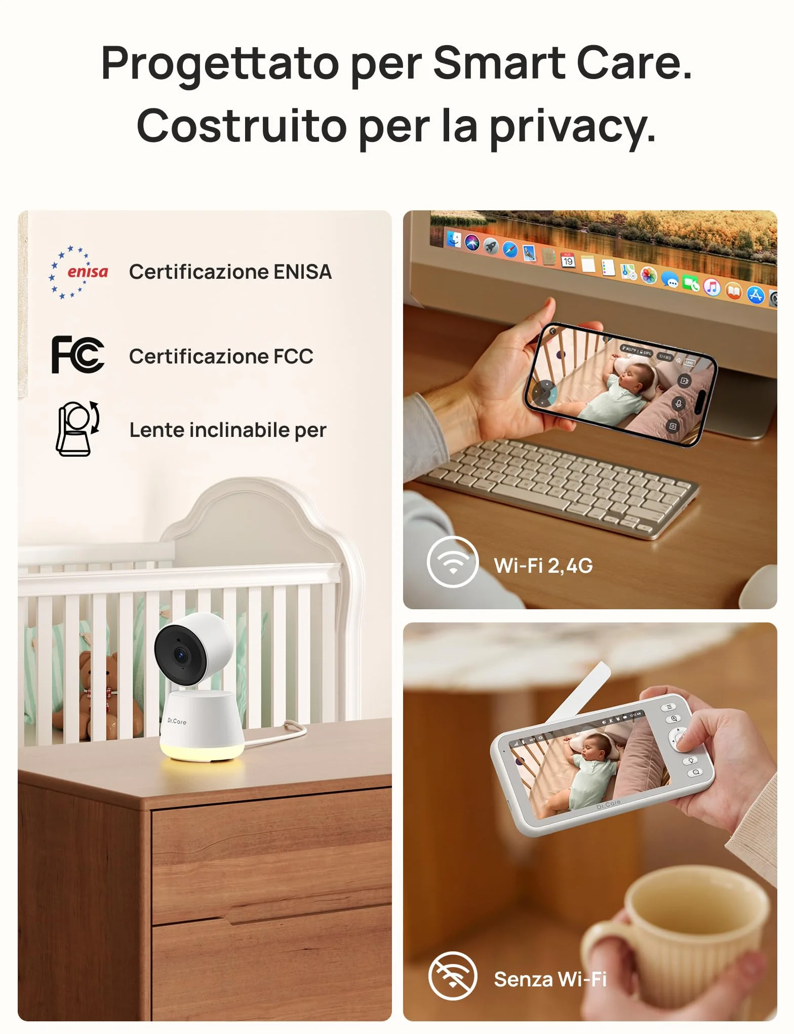 Dr.Care LumiView Baby Monitor WiFi SBM003-1080P FHD & 2K, Controllo App, Modalità Privacy, Batteria 5000mAh, Allarmi Pianto e Movimento, Luce Notturna RGB (5" monitor + 2 camere)