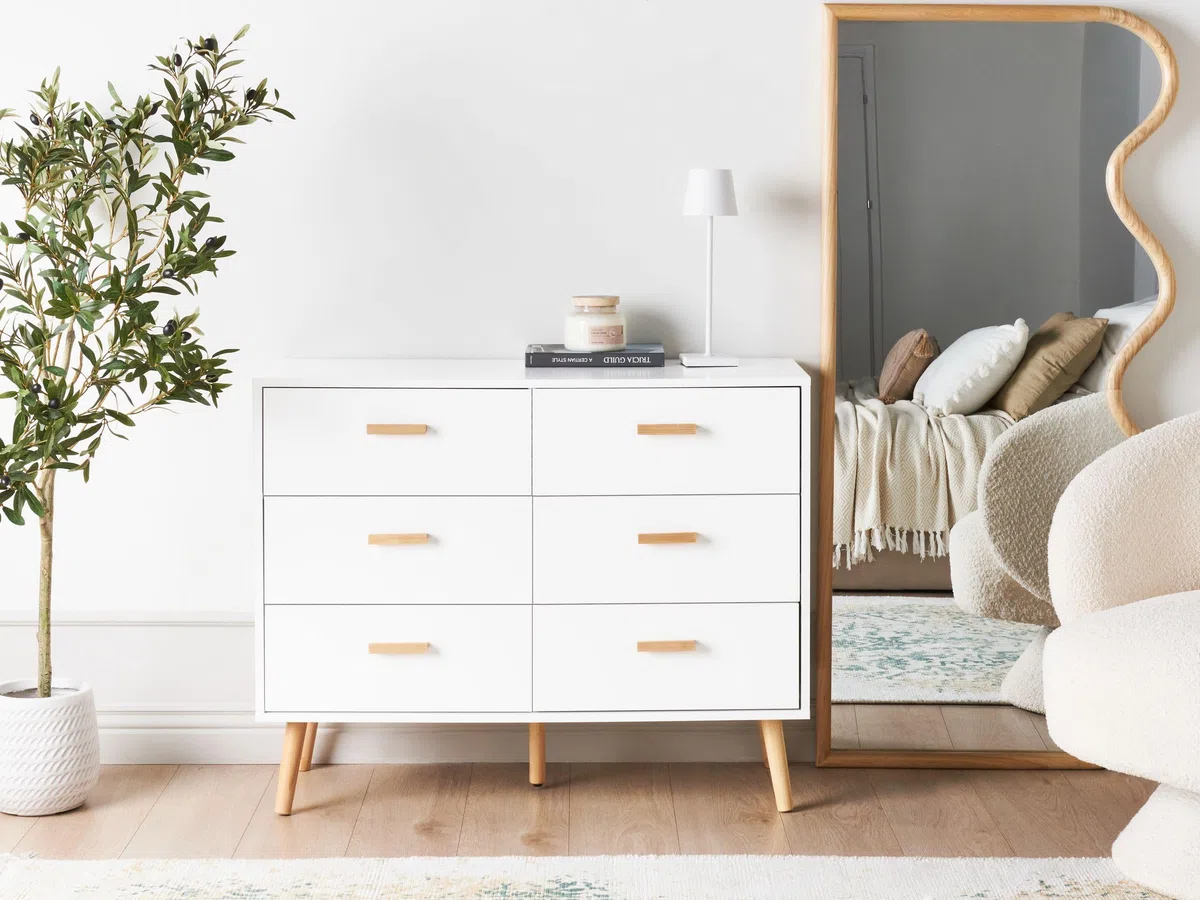 Cassettiera scandinava 6 cassetti gambe in legno bianco