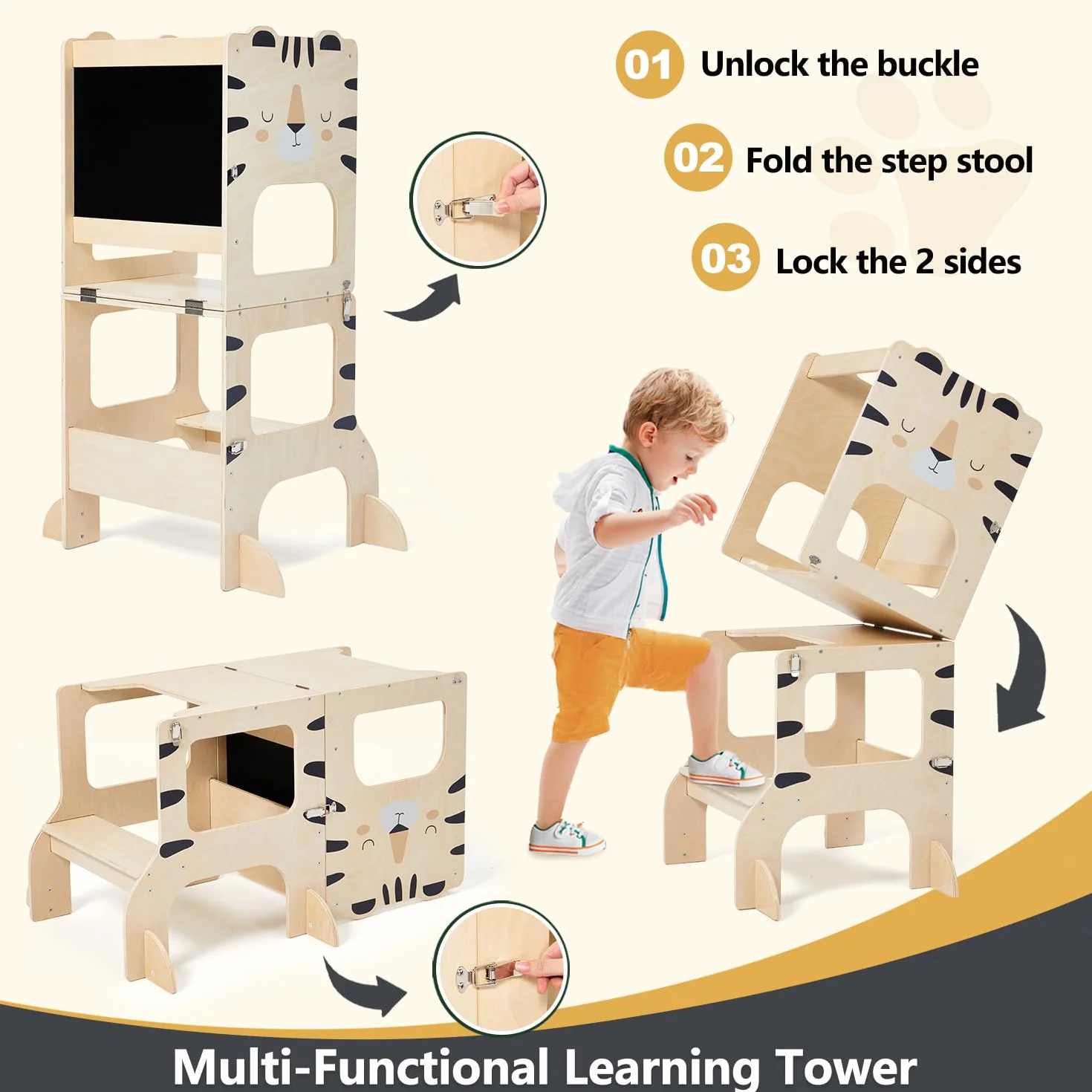 Labebe Torre Montessoriana Pieghevole in Legno 3 in 1 per Bambini con Lavagna