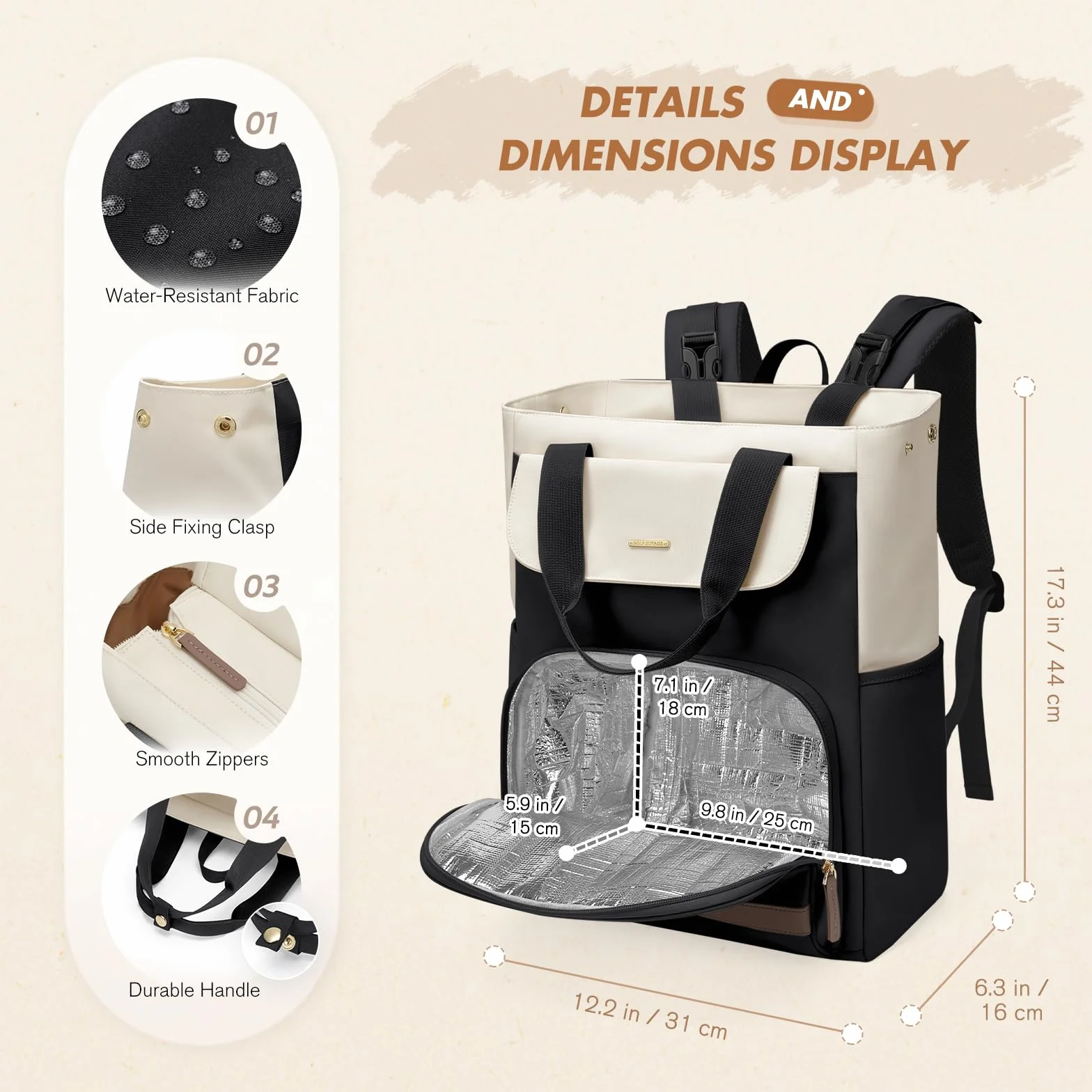 Zaino Fasciatoio Neonato Multifunzione 25L con Fasciatoio Portatile e Ganci Passeggino, Termico, Nero & Bianco