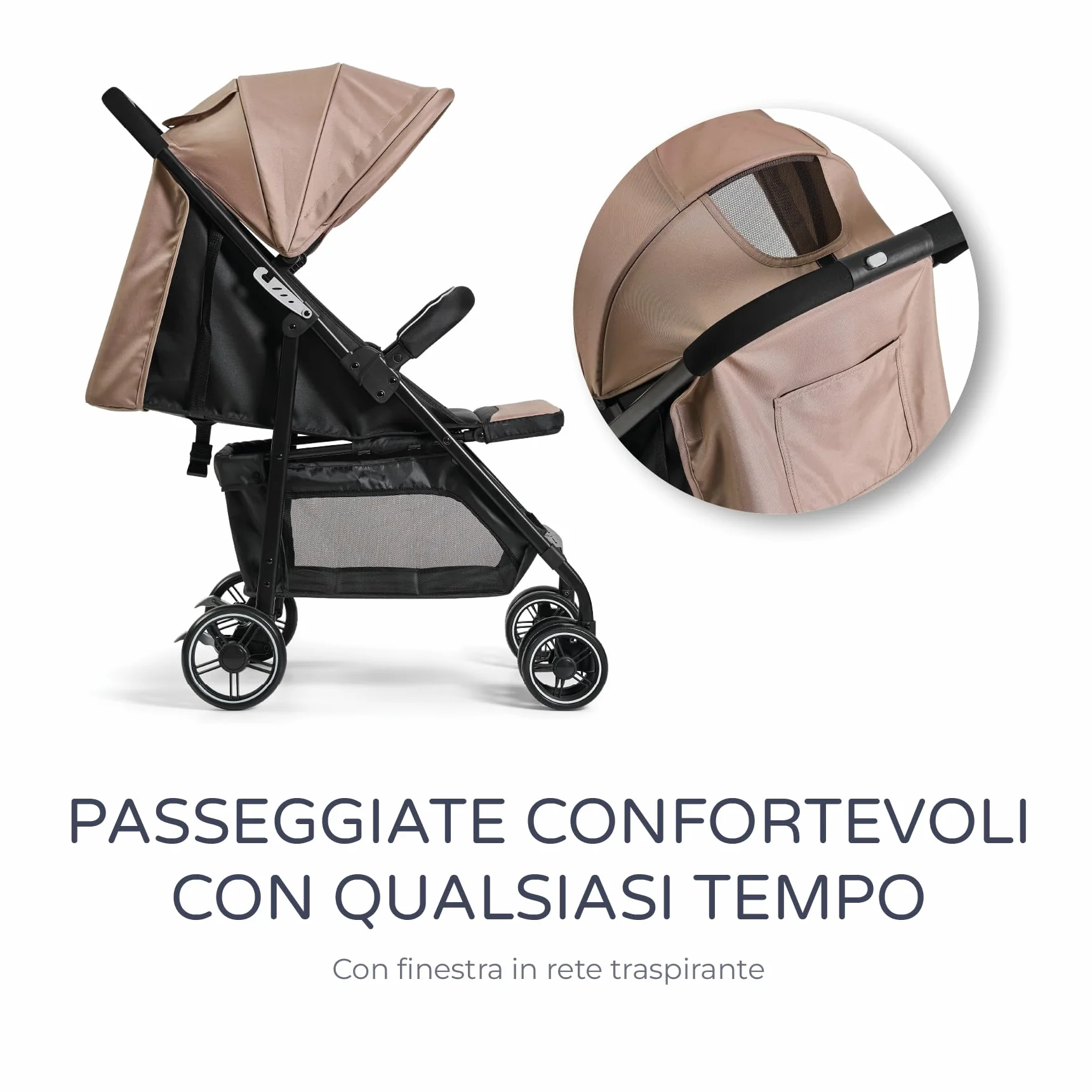 MS BabyWorld Passeggino STREET Carrello bimbo leggero Dalla nascita a 36 mesi 22 kg Ammortizzatori Cappottina XXL Reclinazione massima Beige