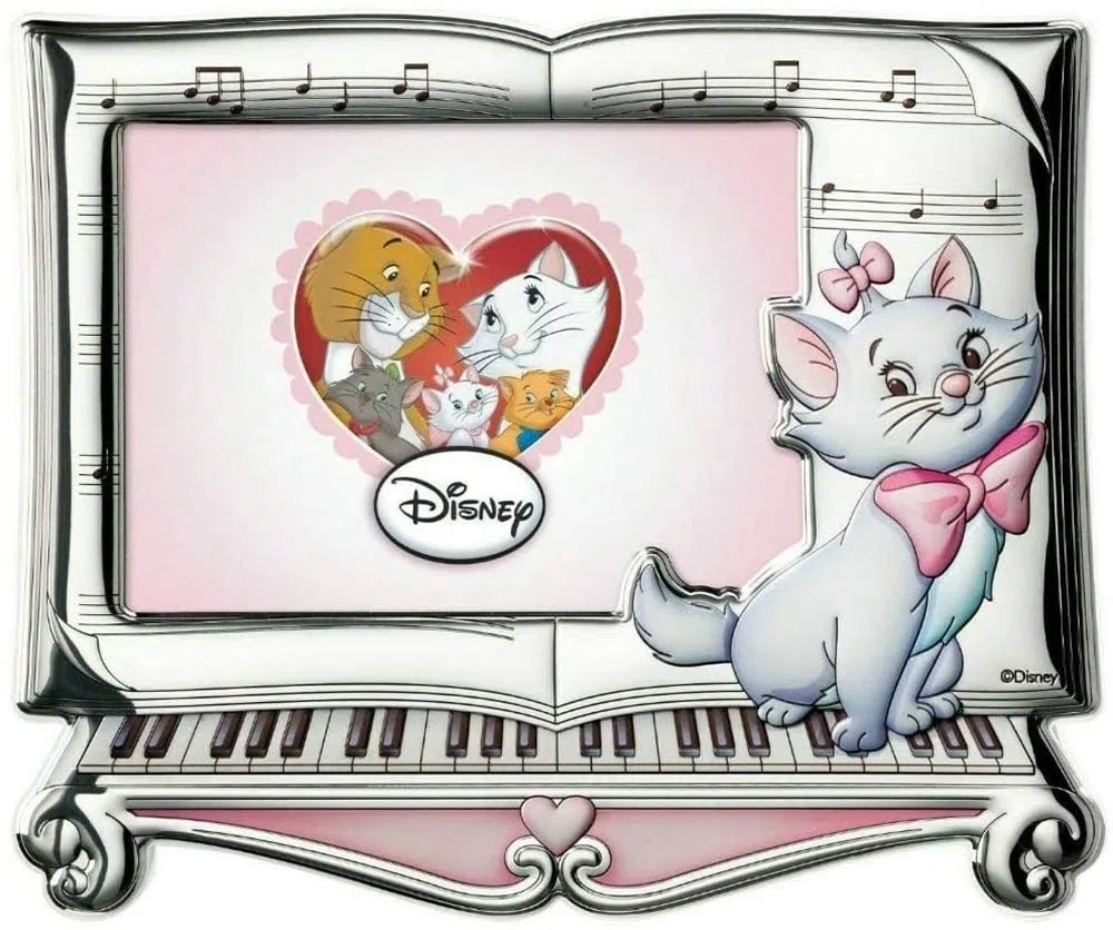 VALENTI & CO. Disney Baby - Gli Aristogatti Collezione Premium - Cornice Porta Foto da Tavolo in Argento con Dettagli Gattina Minou a Colori Dipinti in 3D per la cameretta di neonati o bambini, silver