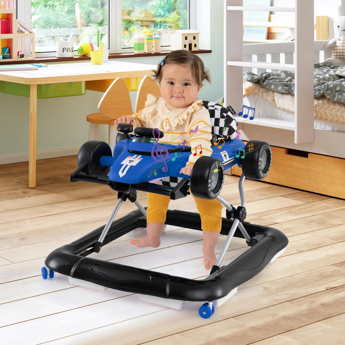 COSTWAY 4 in 1 Girello per Bambini, Altezza Regolabile a 3 Livelli, Passeggino per Bambini, con Volante Imbottito e Scatola Musicale, Portata 12 kg, per Bambini 6-18 Mesi (Blu)