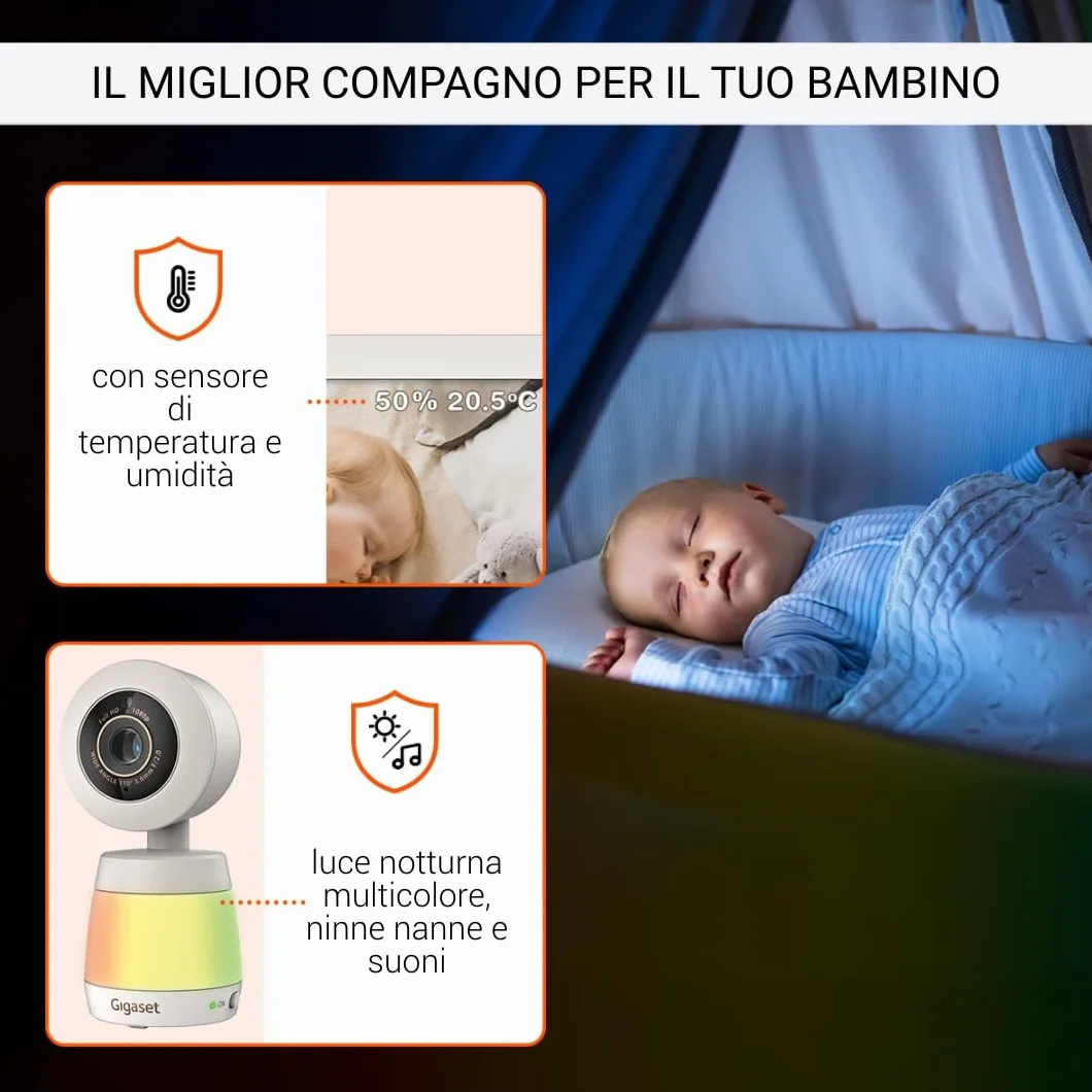 Gigaset BABY 700 Connected – Videocamera per bambini con touchscreen Full HD da 5,5" – Trasmissione sicura FHSS e WLAN–lunga durata della batteria-con app, Cream White/Warm [Versione Italiana]
