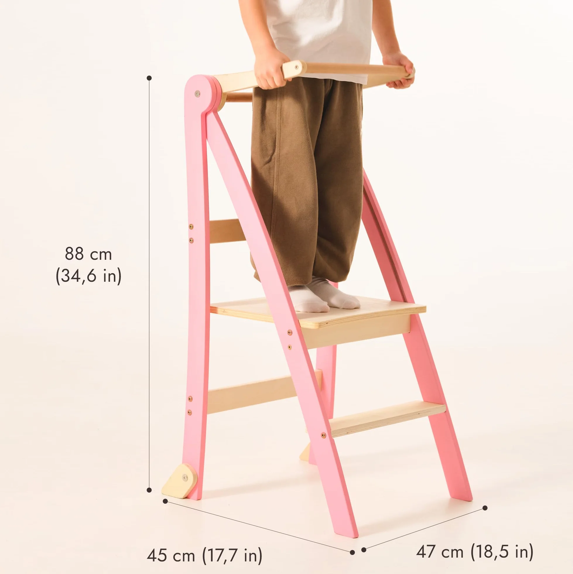 Goodevas Torre di apprendimento in legno Montessori salvaspazio : scala pieghevole in pelle, sgabello per bambini, scala pieghevole per bambini, scala di apprendimento con protezione antiribaltamento