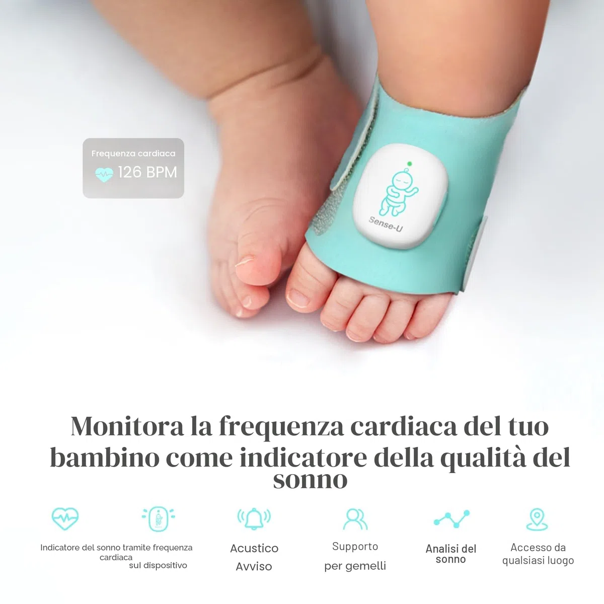 Sense-U Smart Socket (lungo) Baby Monitor con indicatore di sonno e notifiche, monitora la frequenza cardiaca e il movimento per la tranquillità, il monitor del piede