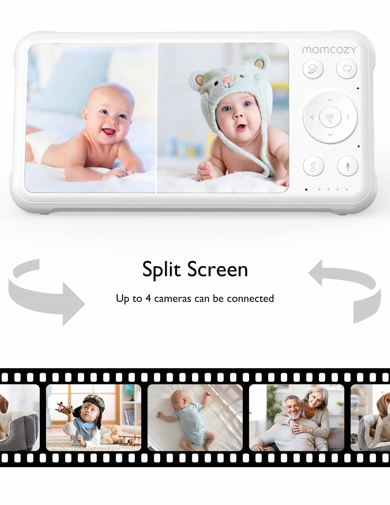 momcozy BM01 Baby Monitor Video con 2 Telecamere, 5" 1080P HD Split-Screen, Batteria 5000mAh, No WiFi,Visione Notturna, Audio Bidirezionale, VOX, 300m, Idea Regalo Nascita per Gemelli
