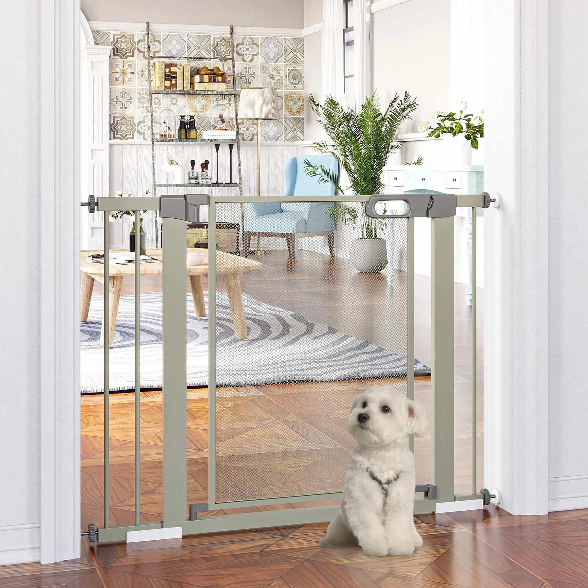 PawHut Cancelletto per Cani Regolabile 75-103 cm, Cancello di Sicurezza in Acciaio e ABS, Altezza 76 cm, Grigio