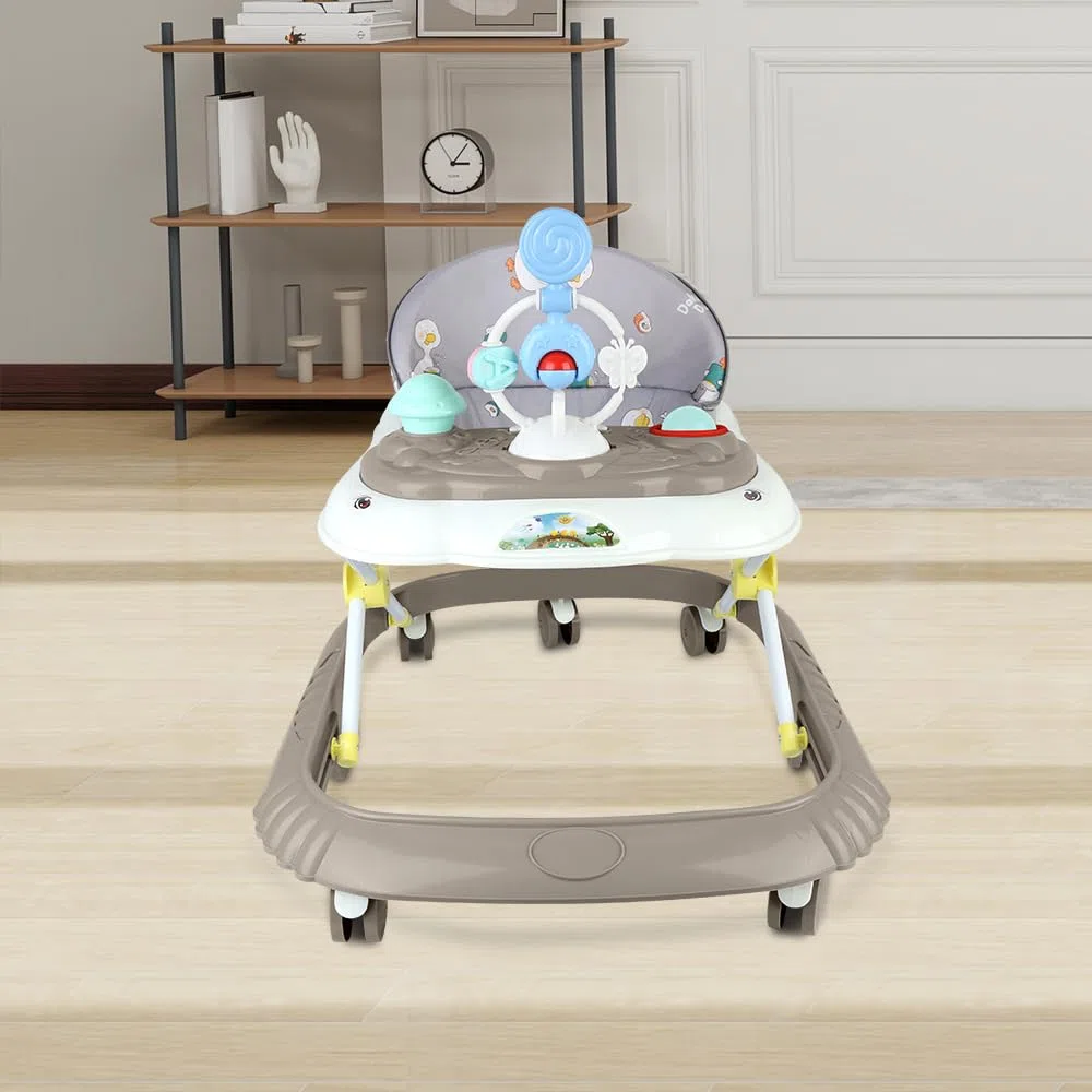 Girello Bambino Primi Passi per Bambini da 6 Mesi a 15 kg, Regolabile in Altezza, girello pieghevole per bambini con vassoio di gioco interattivo con suoni, 67 * 72 * 92cm - Cachi (B)
