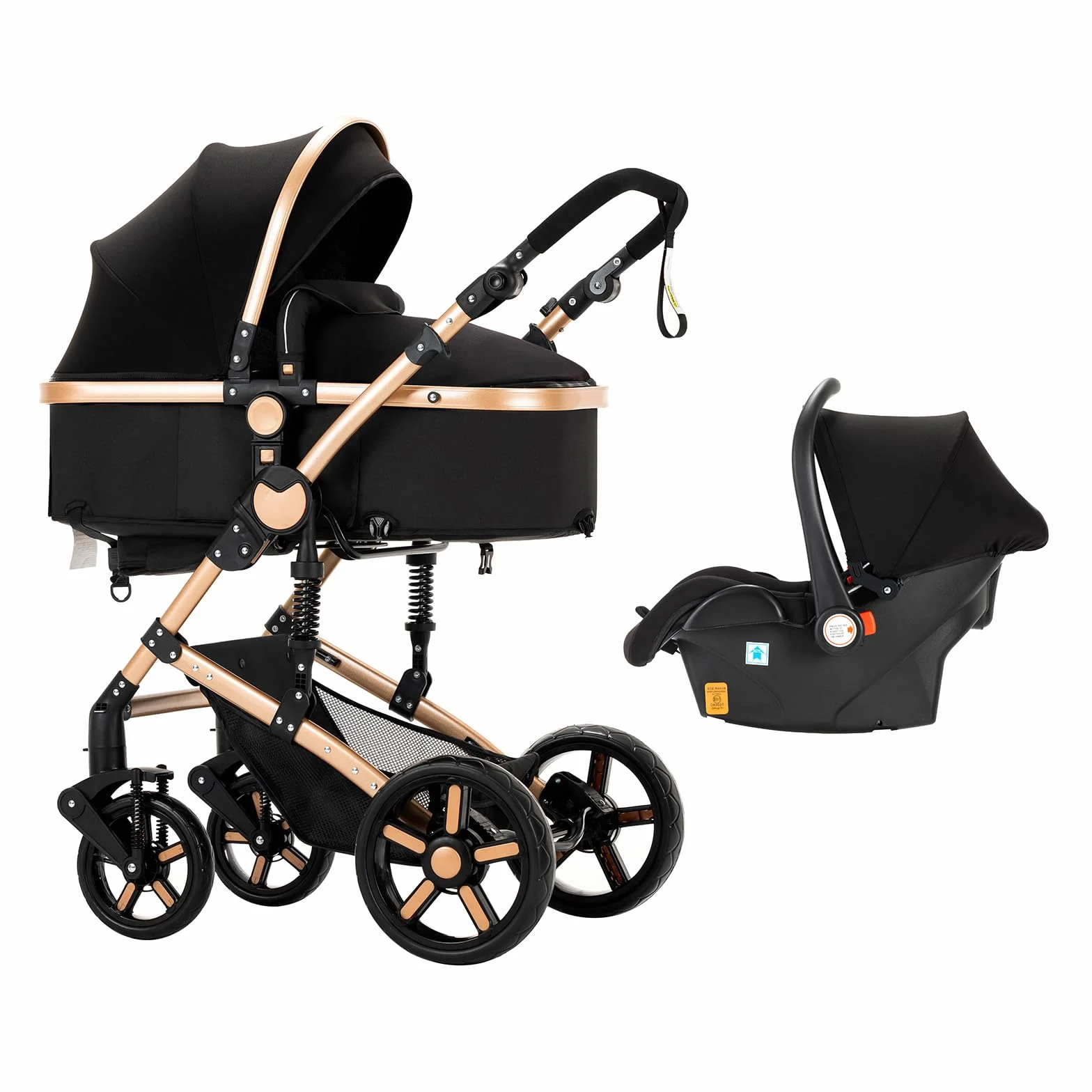 Passeggino 3 in 1 Triciclo Girello Passeggino Alto Carrozzina per Bambini 0-36 Mesi Nero Oro