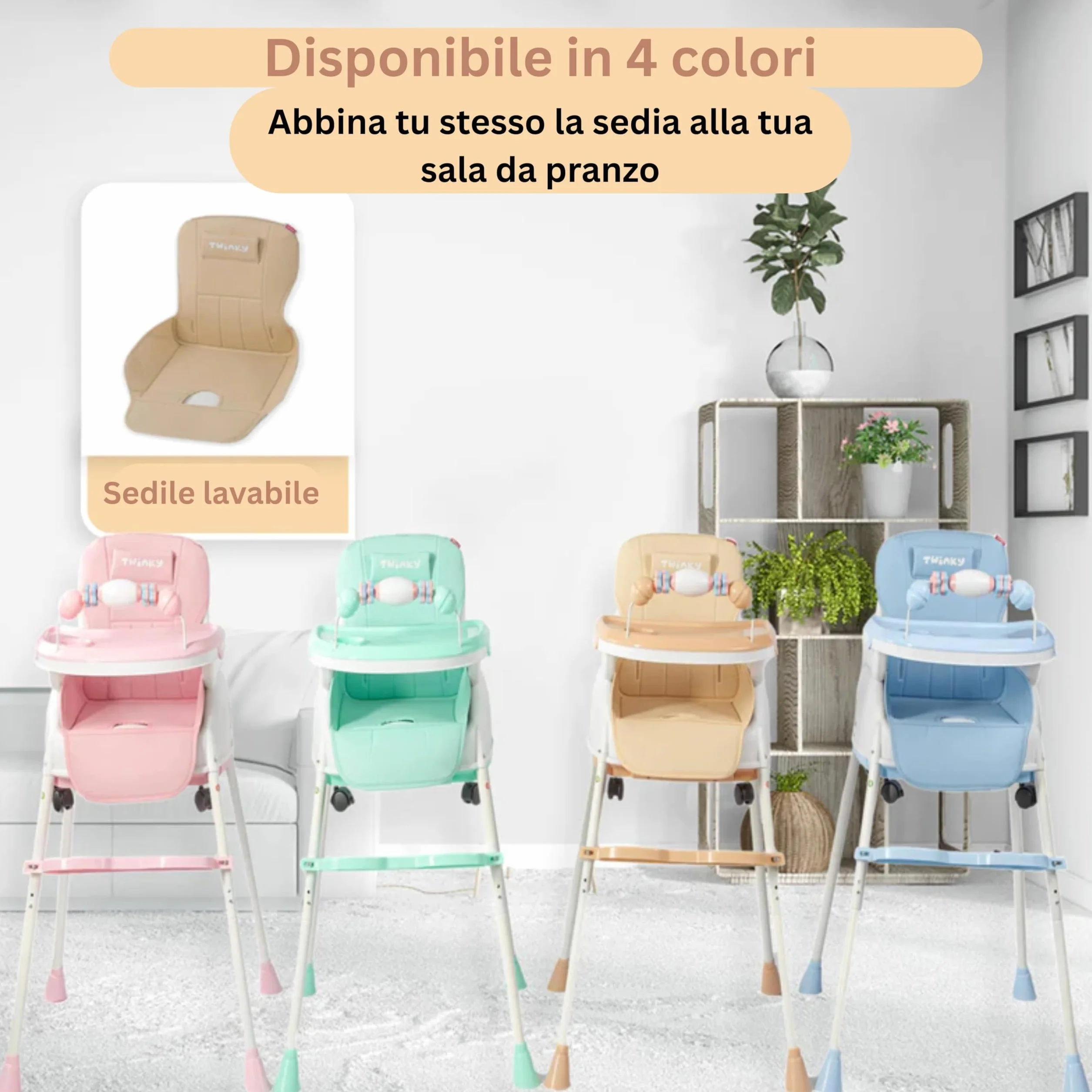 Twinky Seggiolone Pappa Evolutivo 0-36 Mesi Regolabile Portatile Design Sicuro Comfort