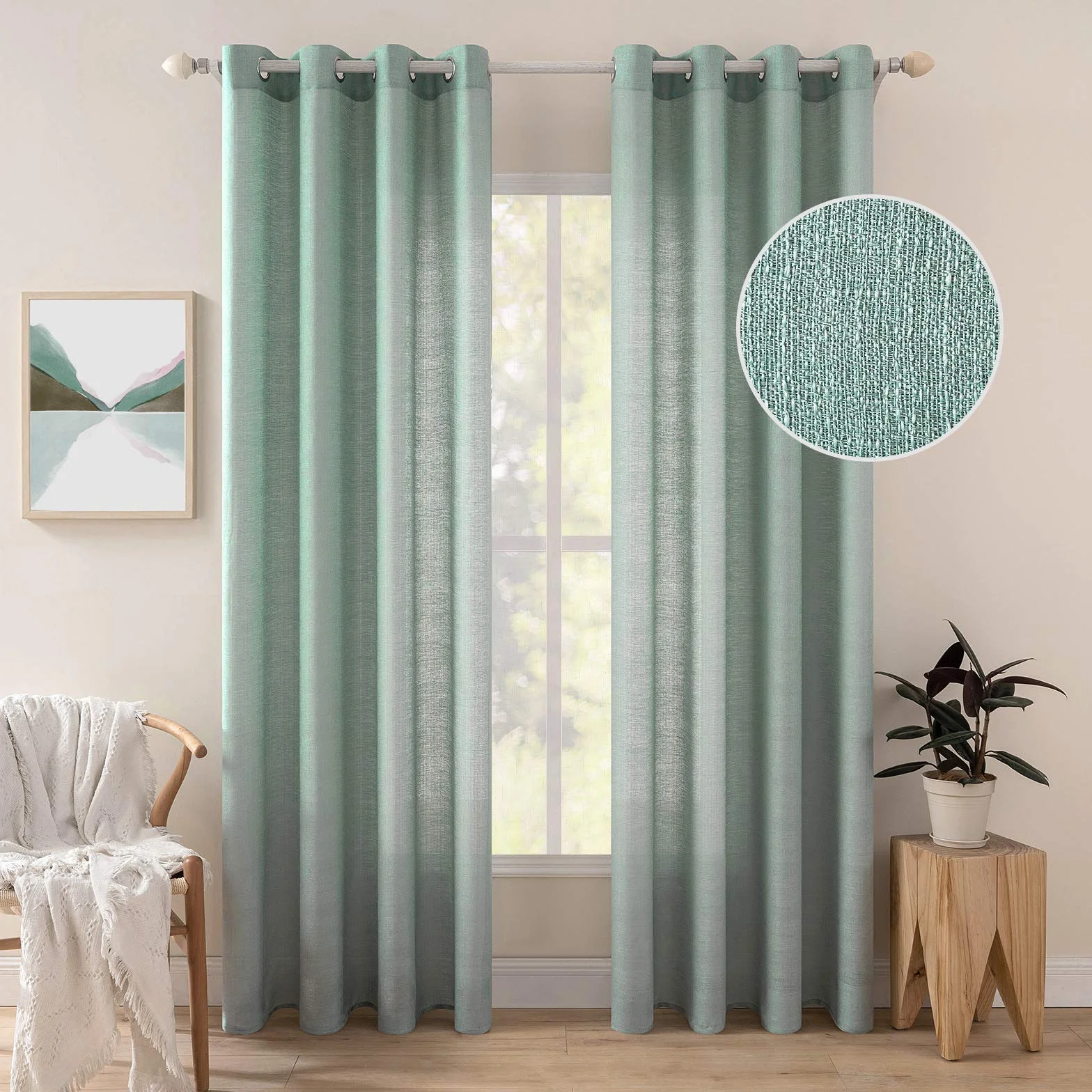 MIULEE 2 Pezzi Tende Trasparenti Voile Natale in Poliestere Lino 140x215 cm Celeste Verde
