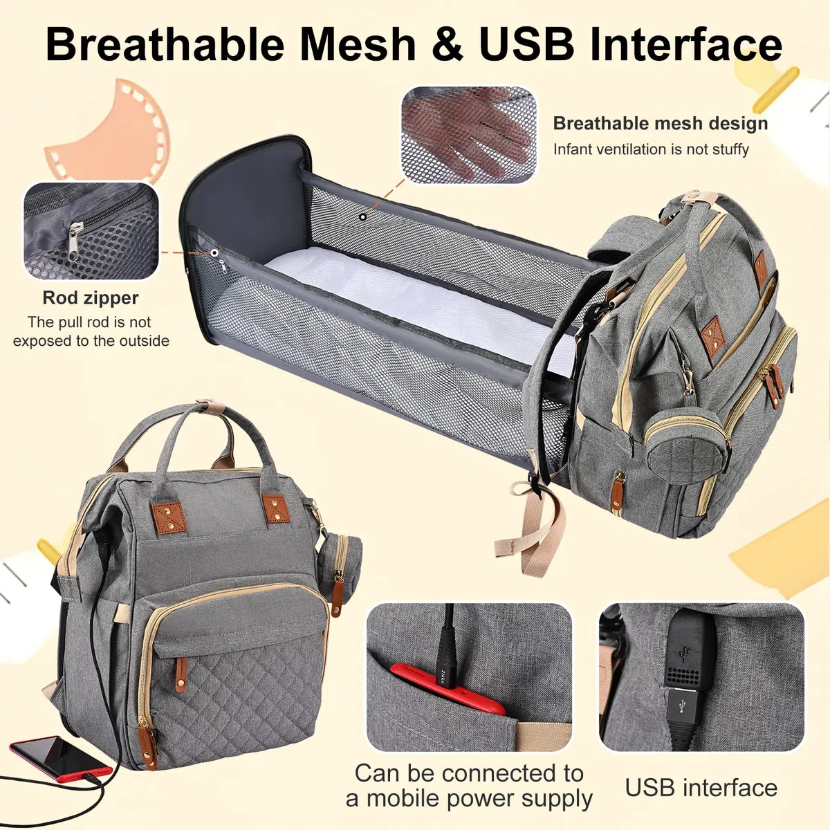 Towwoo Zaino Mamma Multifunzione, 35L Zaino Fasciatoio Neonato Portatile con Lettino Pieghevole, Grande Capacità Cambio Neonato Impermeabile per Bebè Passeggino, Porta di Ricarica USB