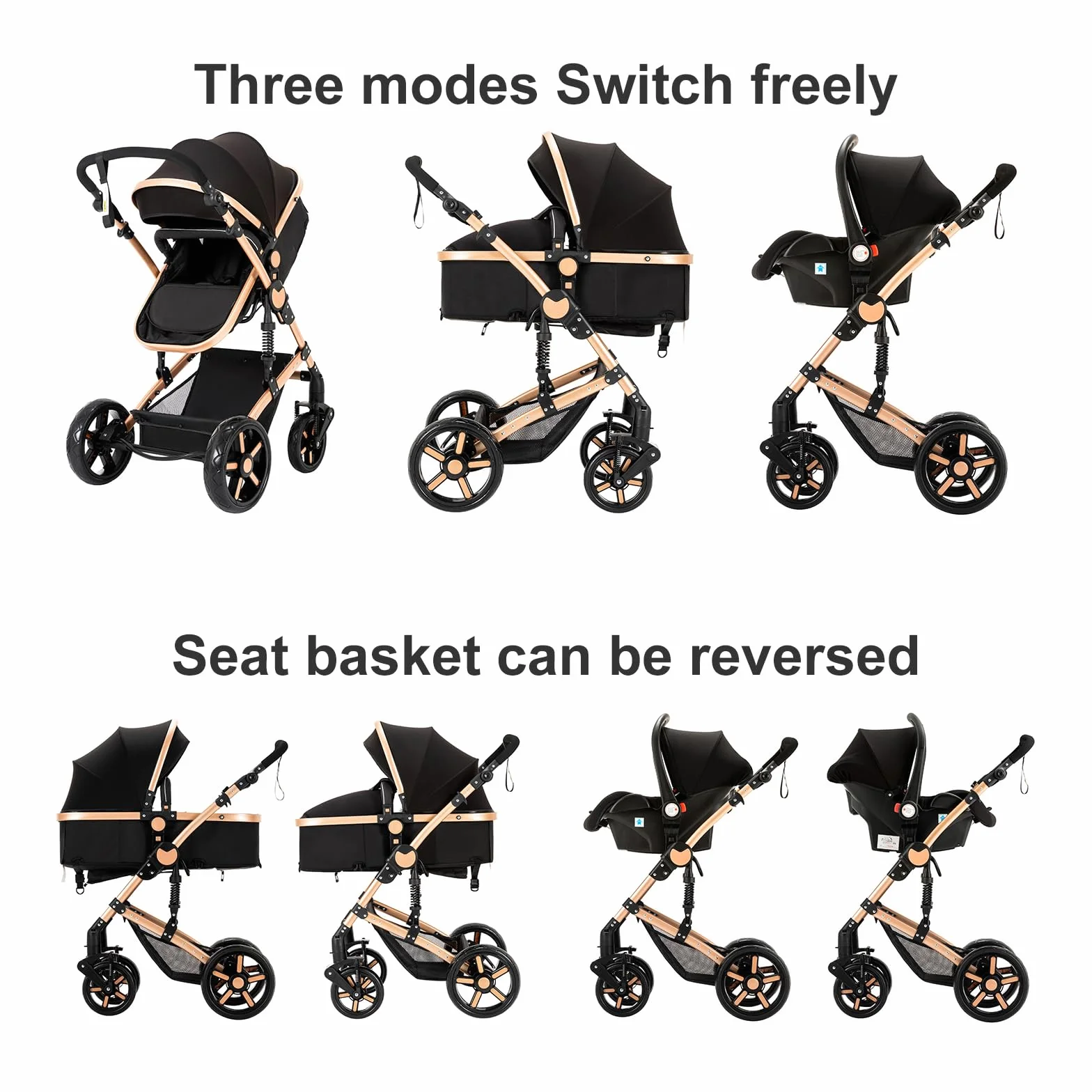 Passeggino 3 in 1 Triciclo Girello Passeggino Alto Carrozzina per Bambini 0-36 Mesi Nero Oro