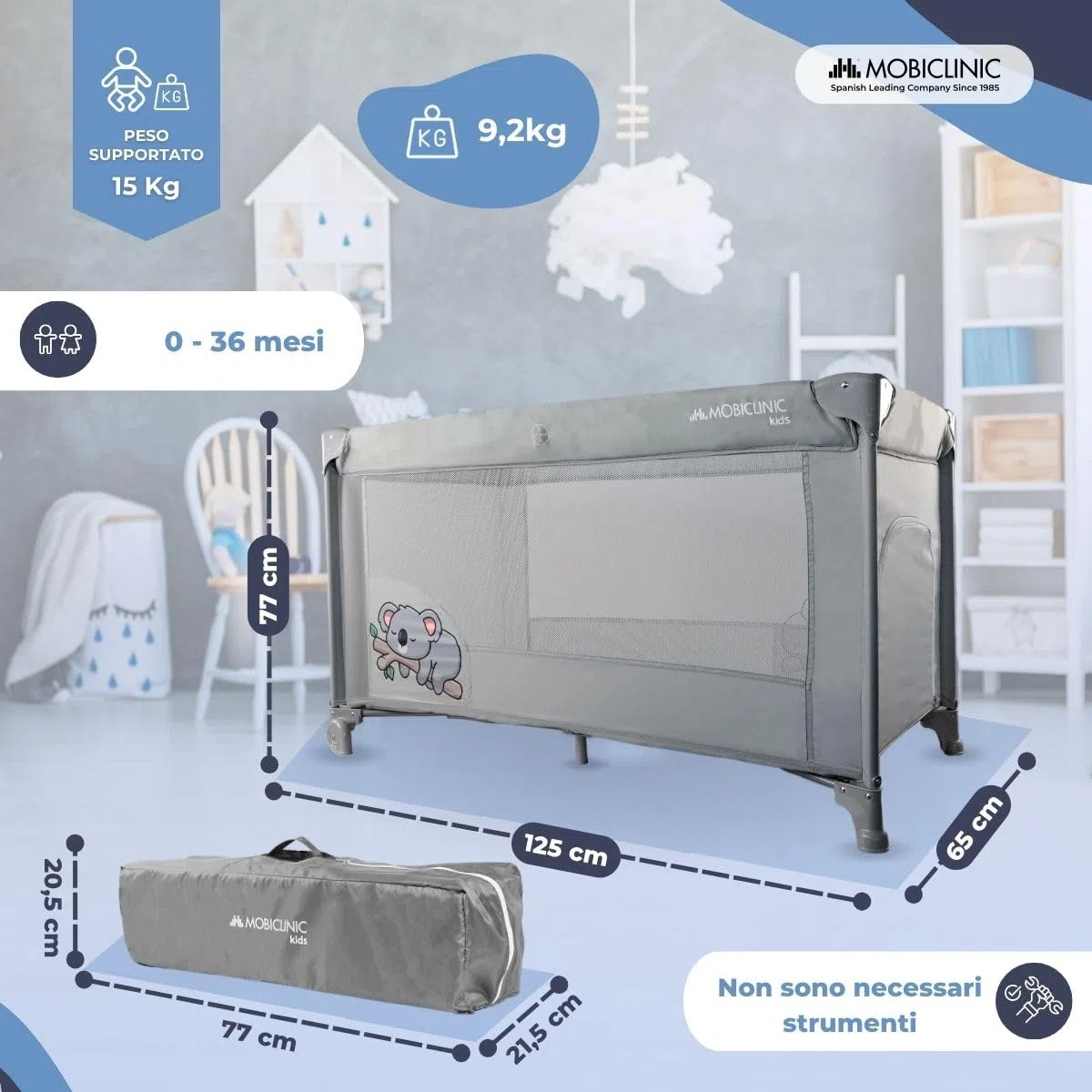 Mobiclinic®, Lettino da viaggio, Culla neonato, 2 in 1, Pieghevole ultracompatto, Materasso rimovibile, Mofli, Fino a 15 kg, Traspirante, Ingresso laterale con cerniera, Box per bambini (grigio)