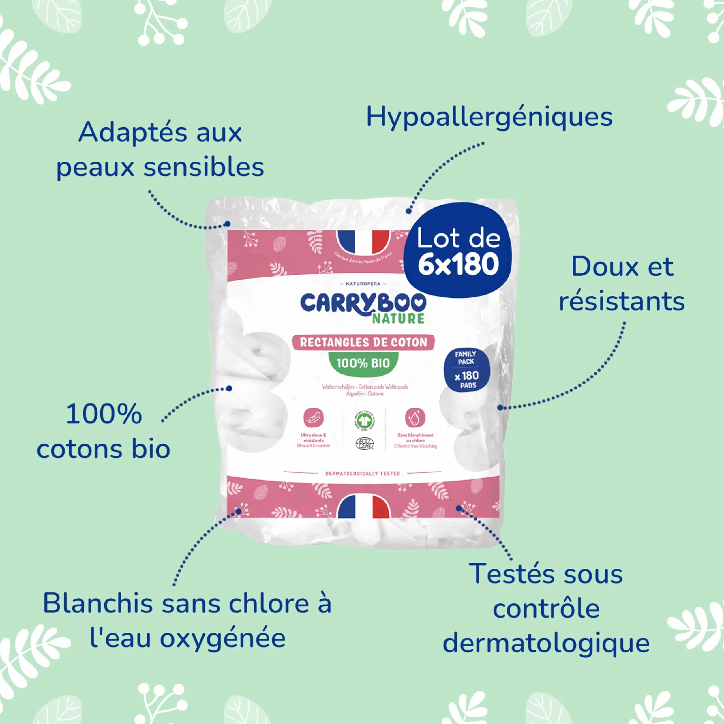 CARRYBOO - Piazza cotone bambino - 100% biologico - Pelle normale e sensibile - Set di 6 - Ultra morbido e resistente - Ipoallergenico - Sbiancato senza cloro - Per tutta la famiglia - Confezione di