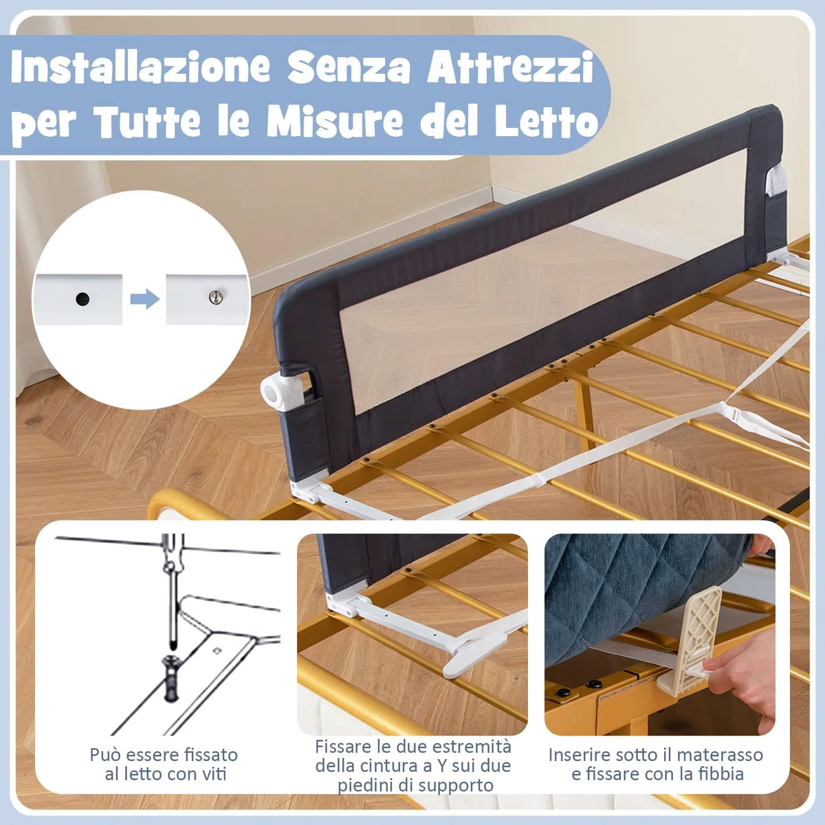 RELAX4LIFE Sponda Letto per Bambini 105/120/150cm, Barriera di Sicurezza, Traspirante e Pieghevole, Sbarra Letto per Letti Singoli e Matrimoniali (152x34x42cm, Grigio)