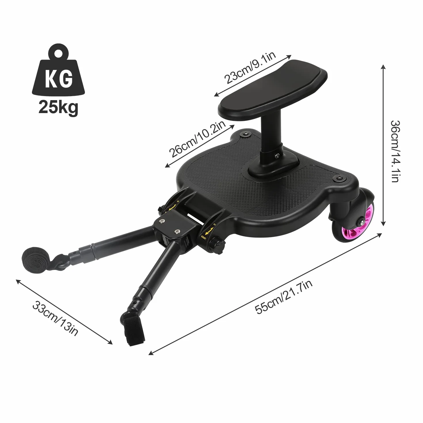 Passeggino con sedile, Pedana universale per bambini, design a due ruote 360°, accessori per passeggino (rosa)