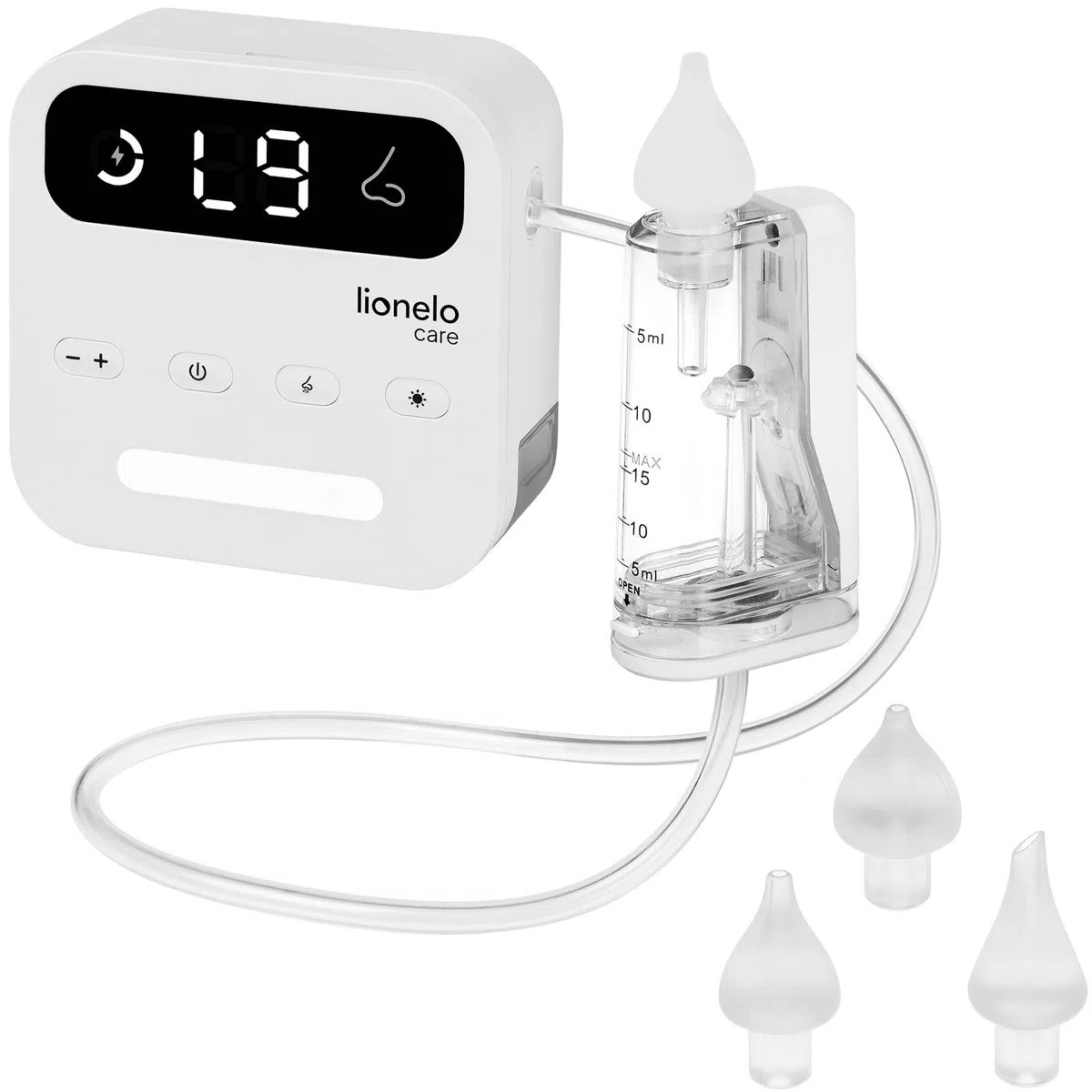 LIONELO Aspiratore Nasale Elettrico per Bambini senza Fili BabyAir Flow, 9 livelli di Aspirazione, 3 Becucci, Luce Notturna, Ricaricabile, Alta Potenza, Ricarica USB-C