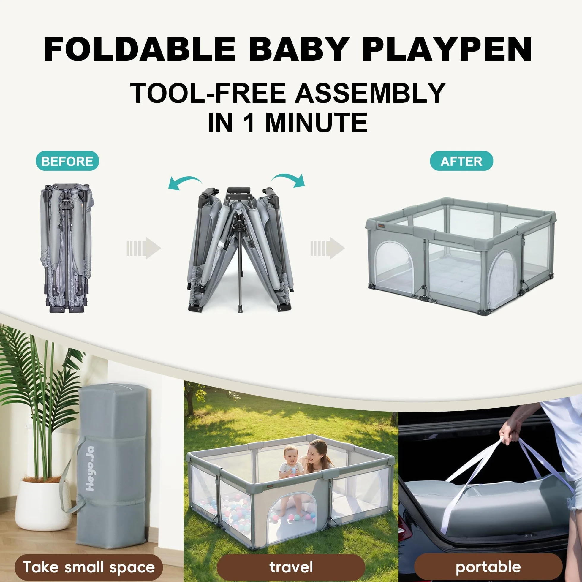 Box per Bambini Heyo.Ja, Pieghevole e Portatile con Rete, Parco Giochi Pop-Up (127x127x67 cm) - Montaggio Rapido, Sicuro per Interni ed Esterni