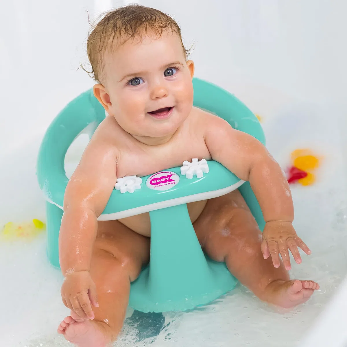 OKBABY Flipper Evolution - Seggiolino da Bagno, Anello con Seduta in Gomma Antiscivolo per il Bagnetto del Neonato 6-15 Mesi (13 kg) - Giallo