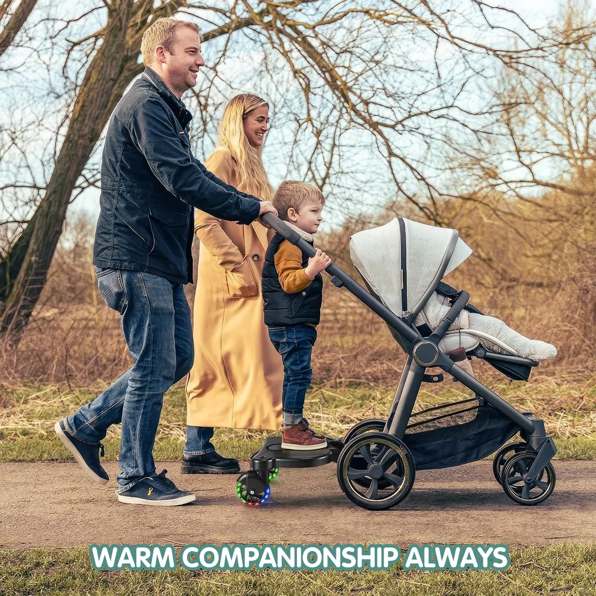 Pedana Passeggino Universale con Ruote a LED, Tavolette Portatili con Sellino per Passeggini Adatto al 99% dei passeggini, Accessorio per Passeggino per Bambini di 2-6 Anni 25 kg, Nero
