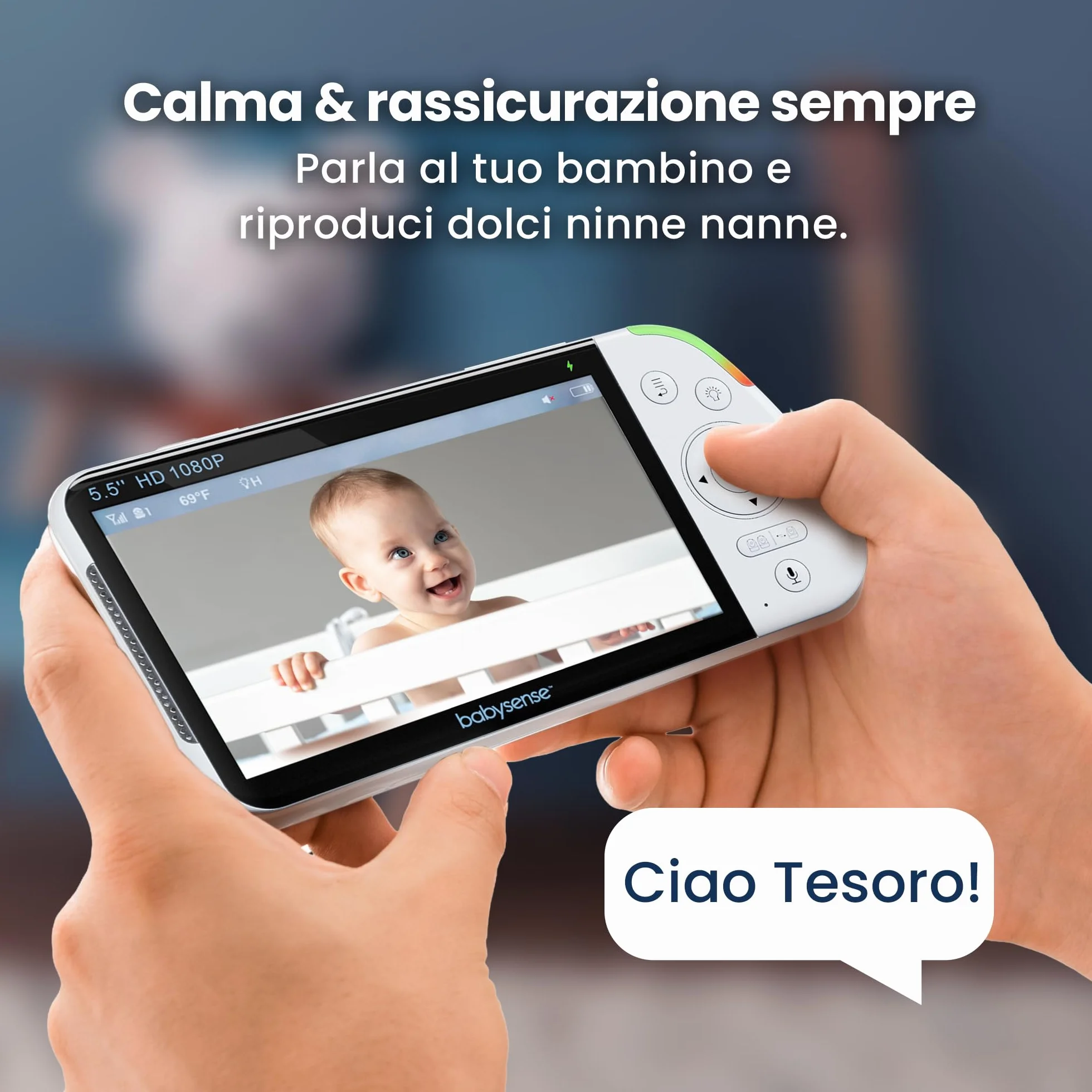 Babysense Babyphone Full HD con schermo diviso a 2 camere, luce notturna a 6 colori, rilevatore di rumori e luci, batteria da 20 ore, connessione sicura senza WLAN