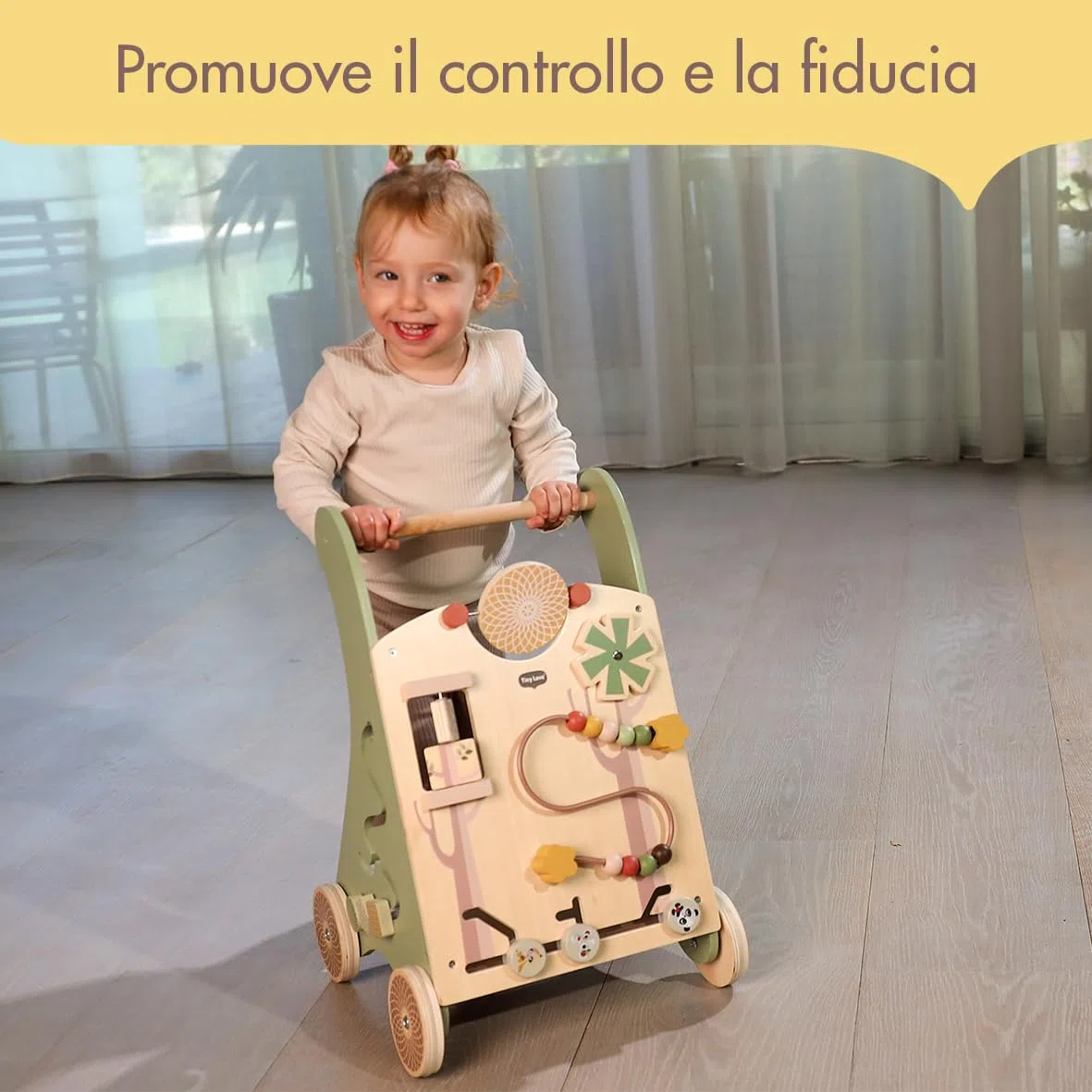 Tiny Love Walk Behind Carrello Primi Passi in Legno e Centro Attività Montessori, 12 Giochi Interattivi, Supporta Capacità Motorie e Sviluppo, Ruote Gommate Antiscivolo, 18+ Mesi, Boho Chic