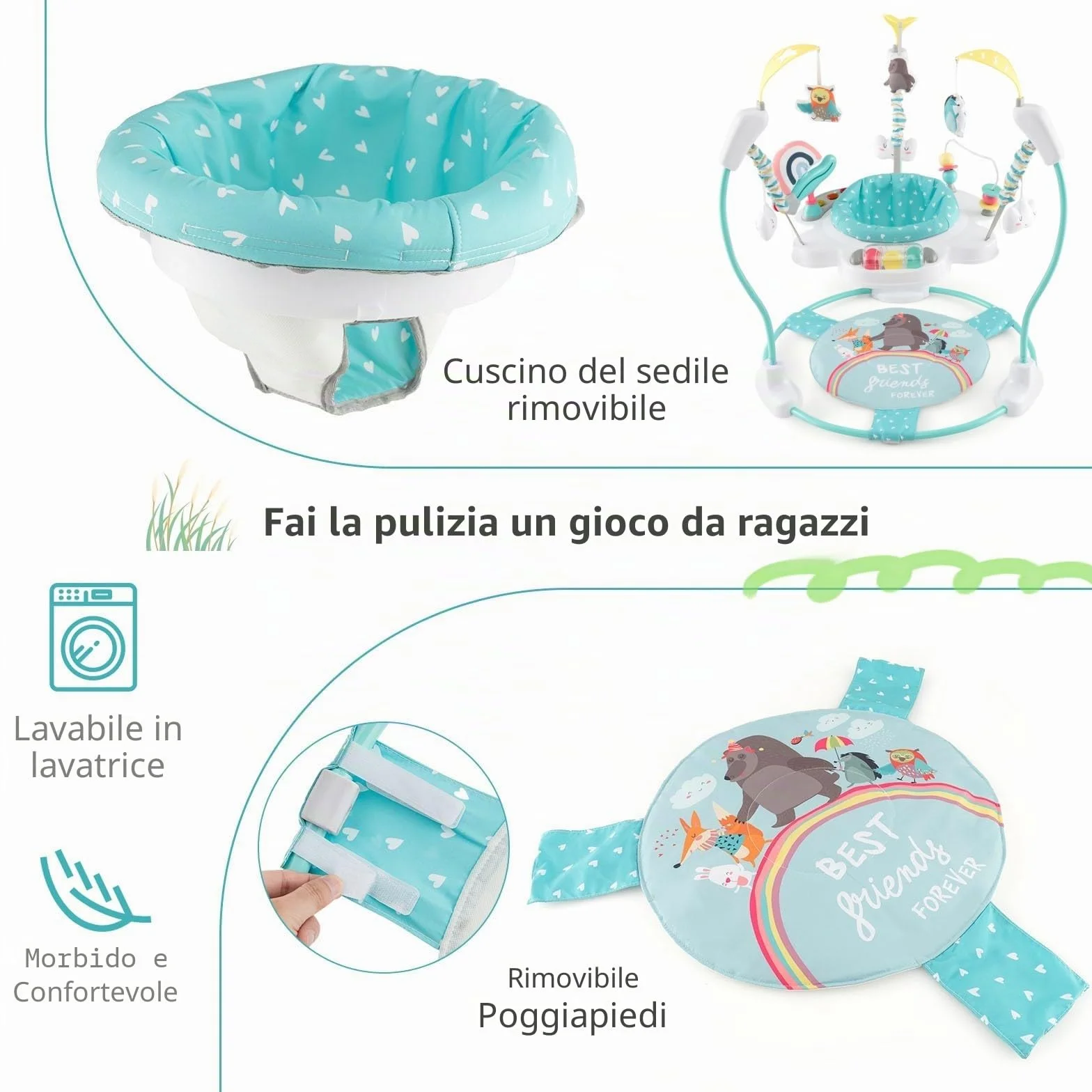 LIFEZEAL Jumperoo Bebe con seduta girevole a 360° e rimovibile, saltatore per bambini, altezza regolabile, 3 posizioni, centro giochi con luce e musica, 9 giocattoli, carico 12 kg, transat comfort