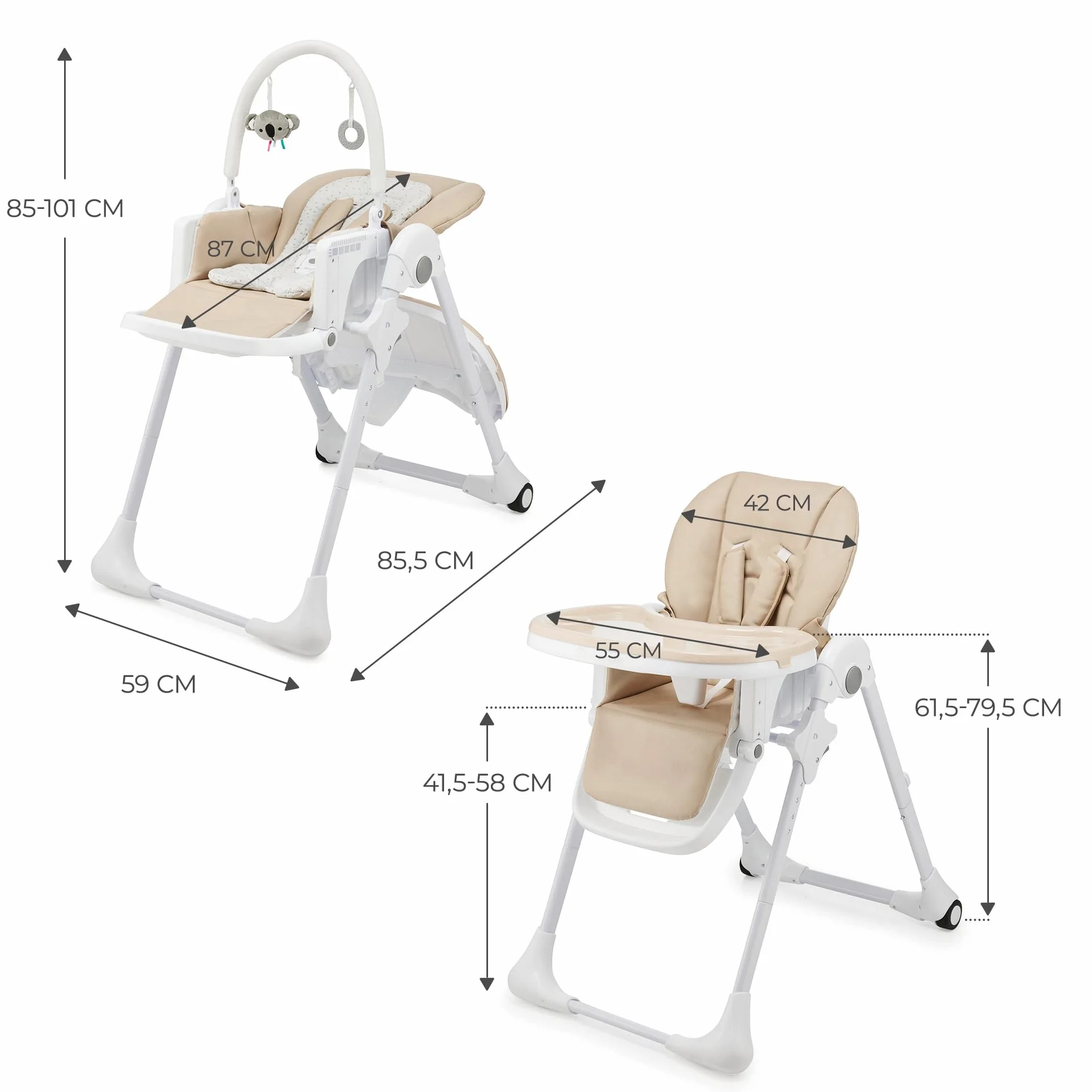 Kinderkraft TUMMIE Seggiolone 2 in 1 Ergonomico Reclinabile Pieghevole Altezza Regolabile Beige