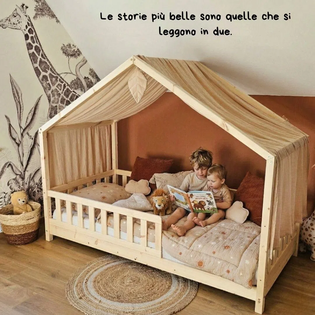 Tenda Letto Bambini Cotone Bio Beige, 100 x 350 cm, Tenda Letto Montessori, Set di decorazioni per la cambretta dei bambini con elementi decorativi e foglia inclusa