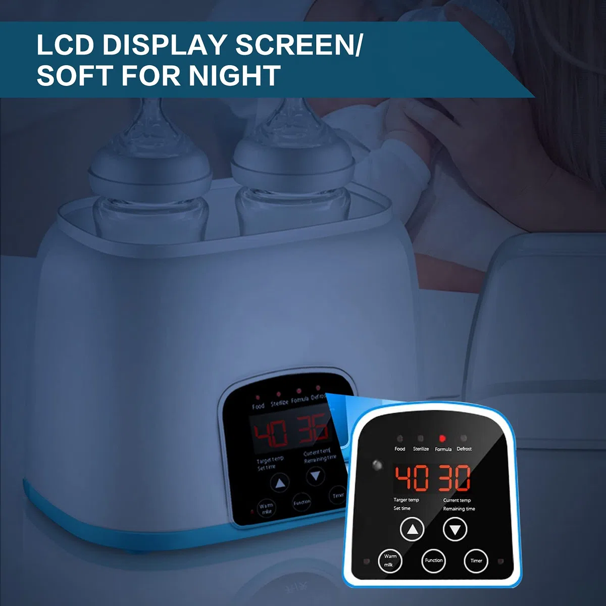 Scaldabiberon, Sterilizzatore per Biberon, Scaldabiberon, Scaldabiberon doppio per latte materno, con display LCD, timer e 5 accessori (Blu)