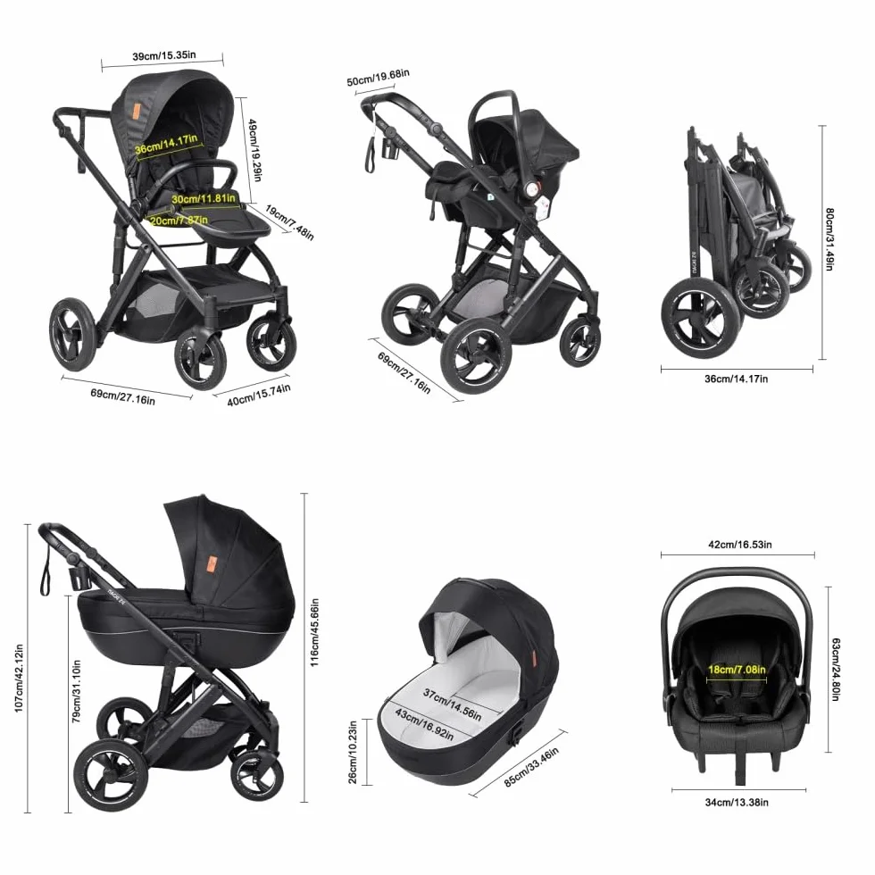 Passeggino 4 in 1 regolabile in altezza, Nero, Set completo