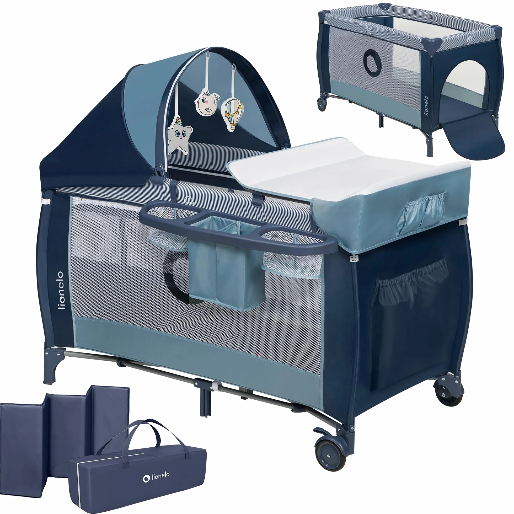 LIONELO Lettino da Viaggio SVEN con Materasso, Dalla nascita fino a 36 mesi, Lettino pieghevole con Fasciatoio, Baldacchino, Giocattoli Pendenti Ingresso laterale aggiuntivo LockGuard, Route con freno