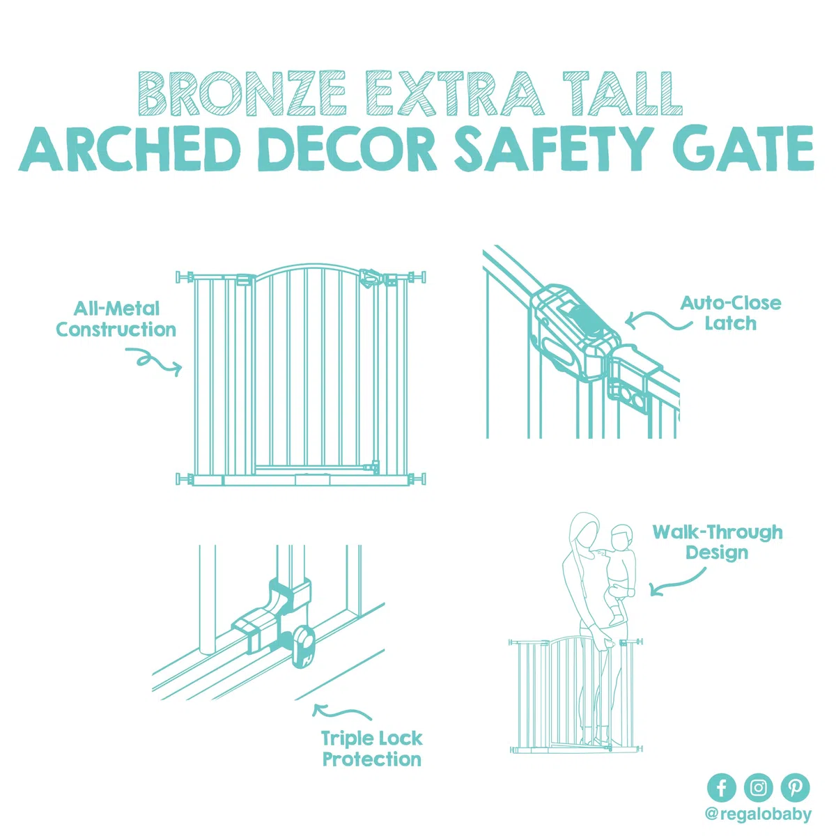 Regalo Safety 91.4cm Extra Tall Arched Baby Gate for Doorways & Bottom of Stairs, Fits Openings 75-87cm (Extension Included), Pressure Mounted for Babies, Toddlers & Pets, Bronze