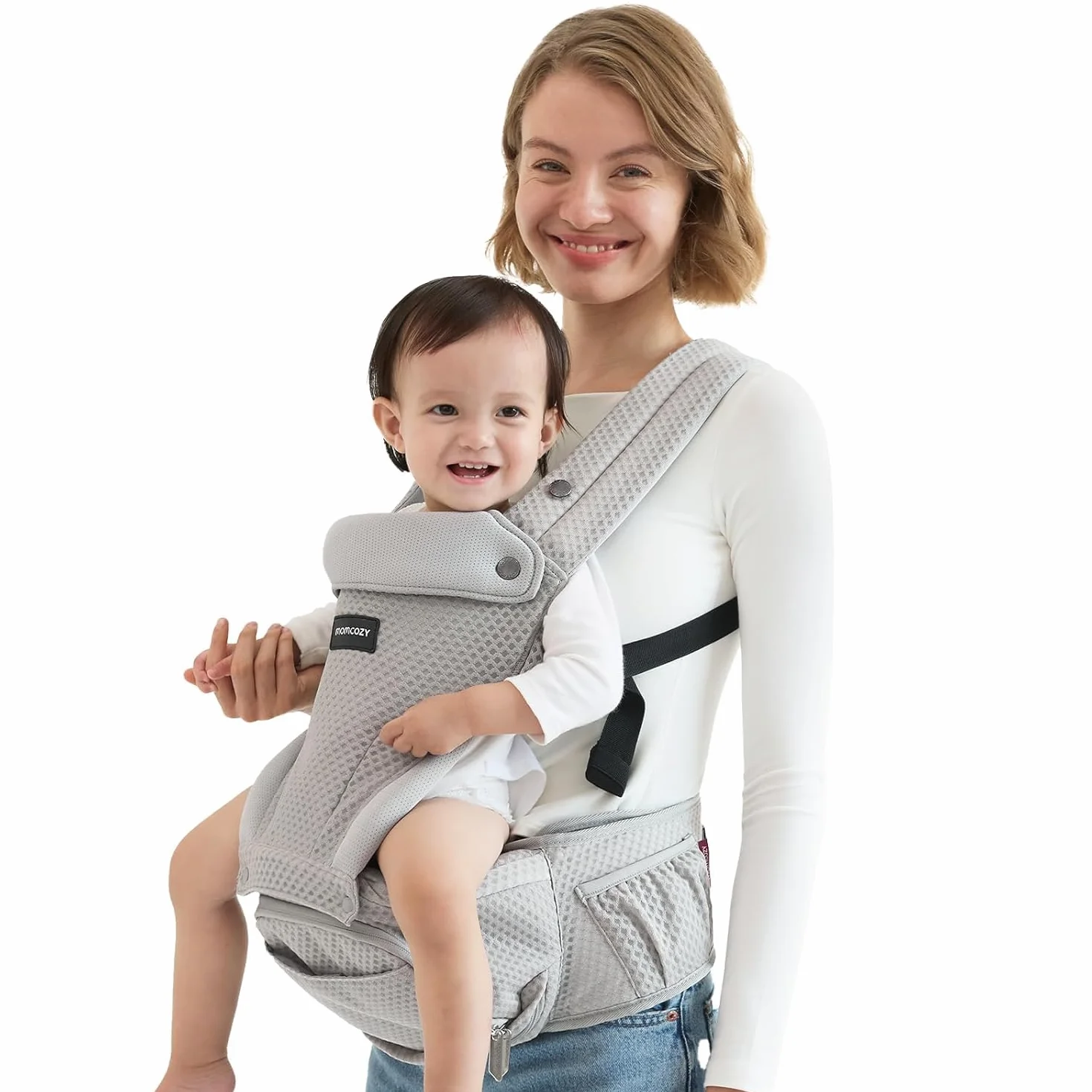 Momcozy Marsupio Neonato con Sede Anca 2 in 1, Portabebè Fronte Strada a Mani Libere fino a 20 kg, Marsupio Bambino 4 Stagioni con Cintura Regolabile fino a 115 cm,Grigio Air Mesh