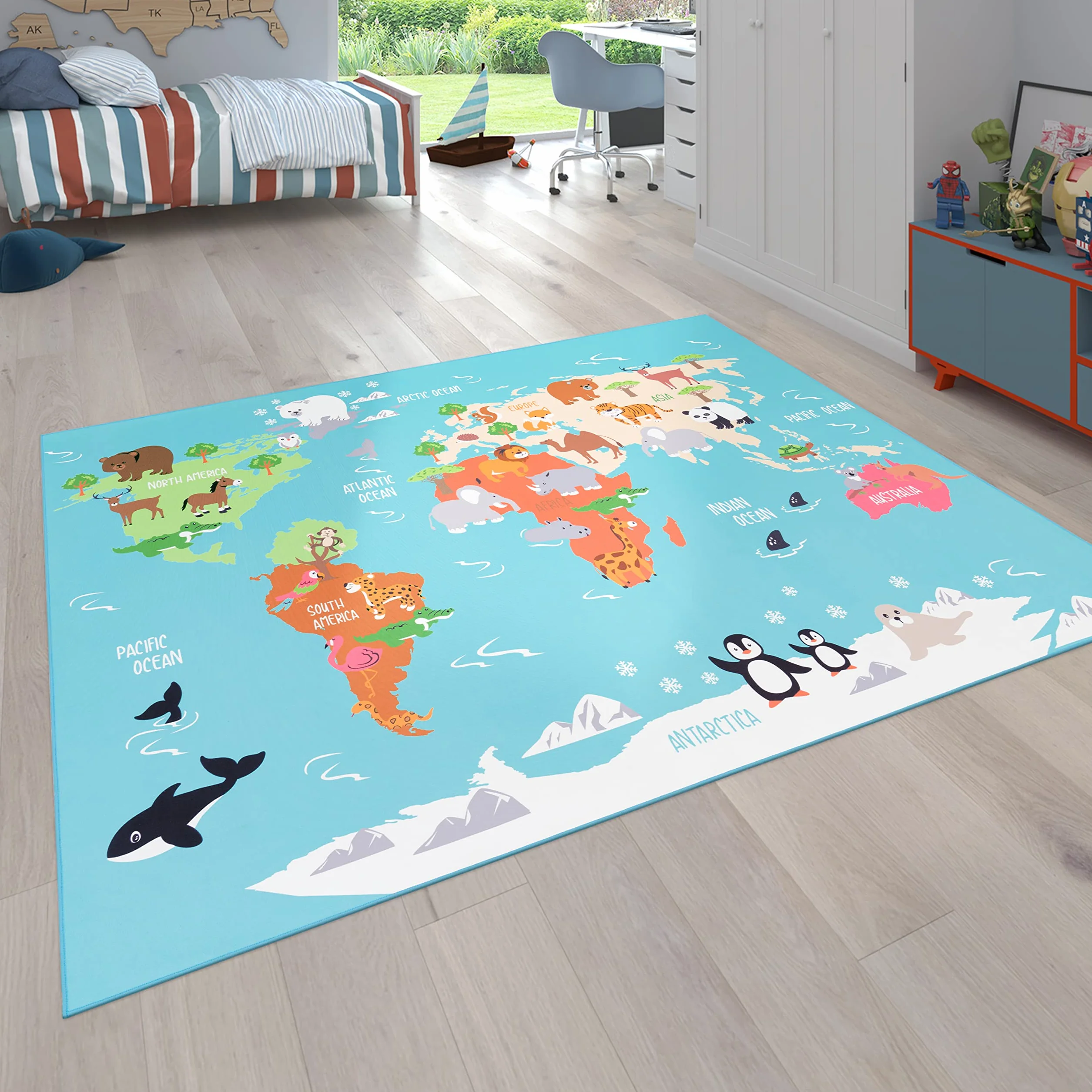 Paco Home Tappeto per bambini, Tappeto da gioco per le camere dei bambini, Mappa del mondo con animali, In verde, Dimensione:100x200 cm