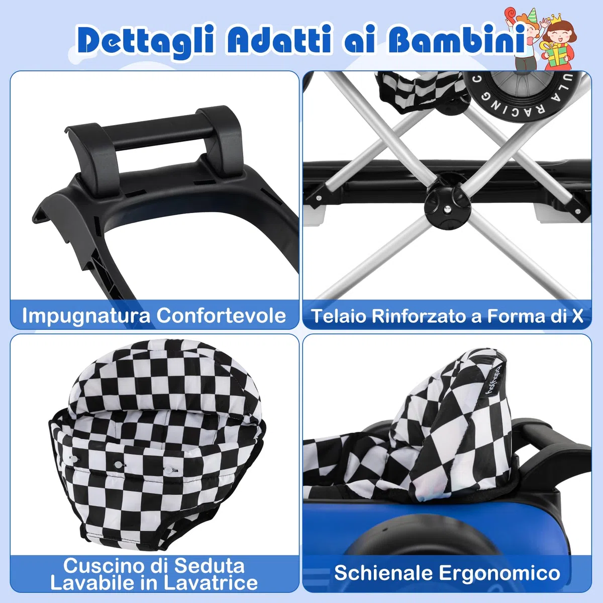 COSTWAY 4 in 1 Girello per Bambini, Altezza Regolabile a 3 Livelli, Passeggino per Bambini, con Volante Imbottito e Scatola Musicale, Portata 12 kg, per Bambini 6-18 Mesi (Blu)