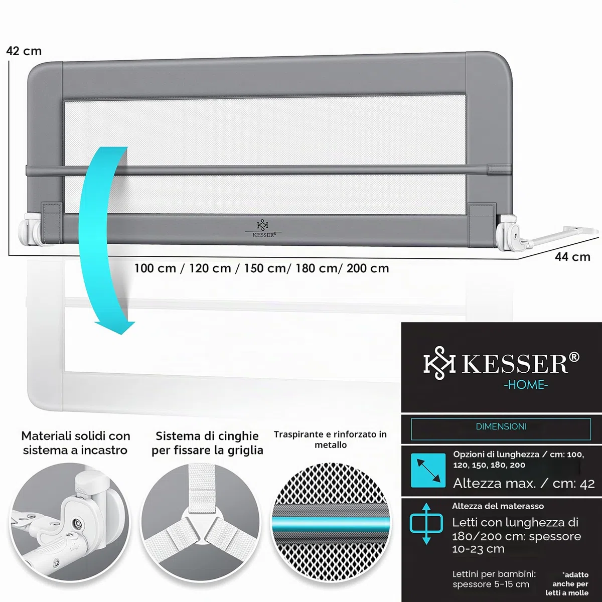 KESSER® Sponda da letto Protezione per letto Sponda da letto bambini Sponda da culla Barriera letto per bambini, Grigio chiaro - 180cm