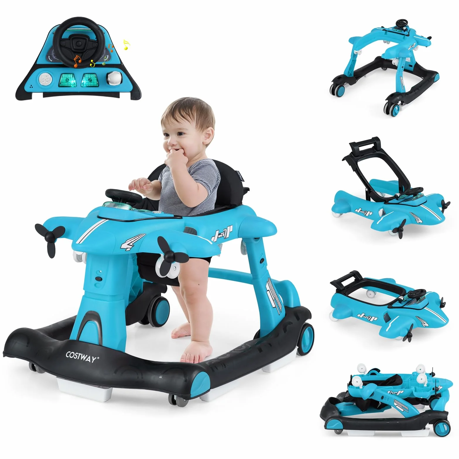 COSTWAY 6 in 1 Girello per Bambini, Girello Pieghevole con Altezza e Velocità Regolabili a 3 Livelli, Vassoio, Musica, Ruote, Luci, Giocattoli Evolutivi per Bambini 6-18 Mesi (Blu)