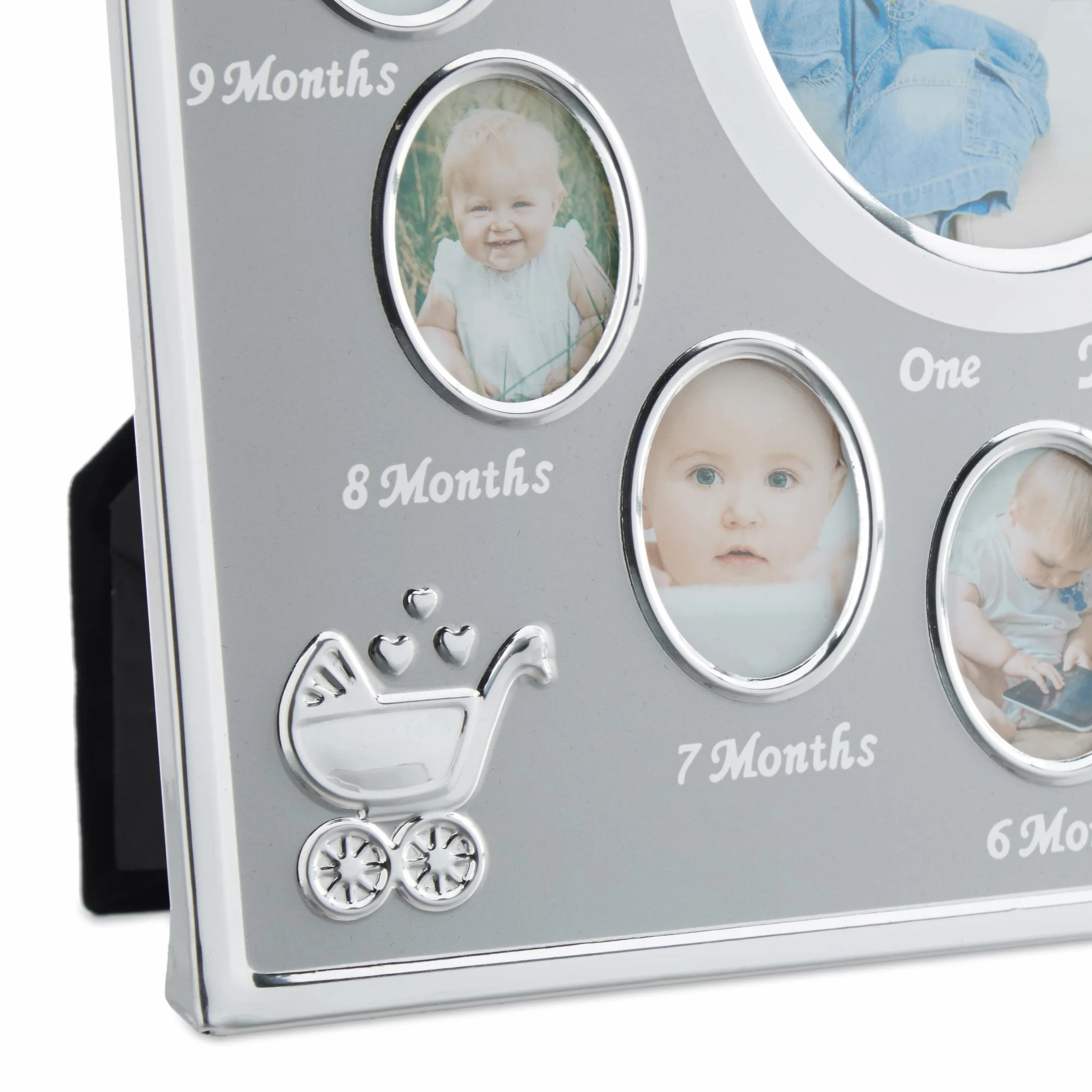 Relaxdays Cornice Portafoto Multipla per Bambini, Primo Anno, in Alluminio, da 0 a 12 Mesi, 29 x 24 cm, Collage di Foto, da Appoggio, Argento