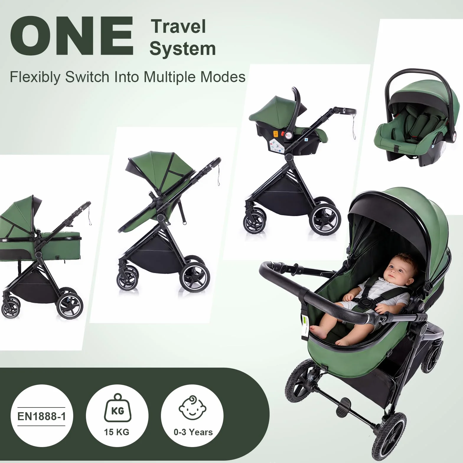 Passeggino 3 in 1 con Seggiolino Auto, Carrozzina Pieghevole, Sospensione 4 Ruote, per Neonati 0-3 Anni (15kg), Blu-Verde