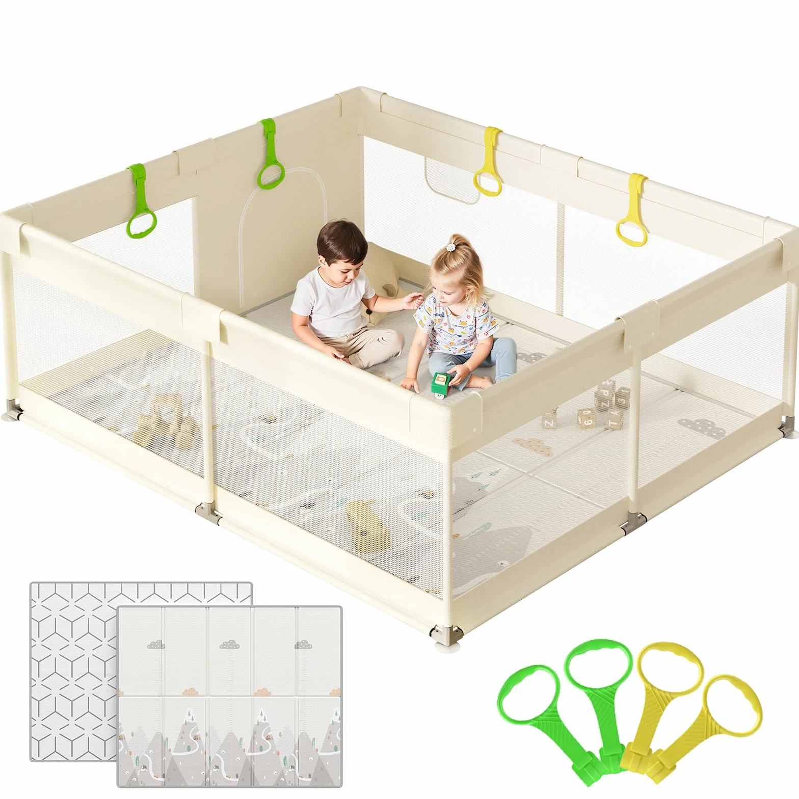 Beige Box Bambini con Materassino - Box Neonato 150×180cm,Recinto per Bambini con 4 Anelli,Imbottitura Morbida