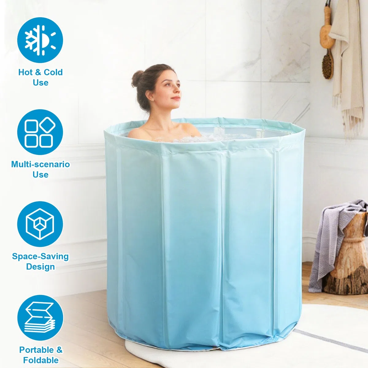 Vasca da Bagno Pieghevole 70×65 cm per Adulti – Vasca Portatile Profonda per Acqua Calda e Fredda con Tubo di Scarico e Cuscino Seduta, Vasca Pieghevole Salvaspazio