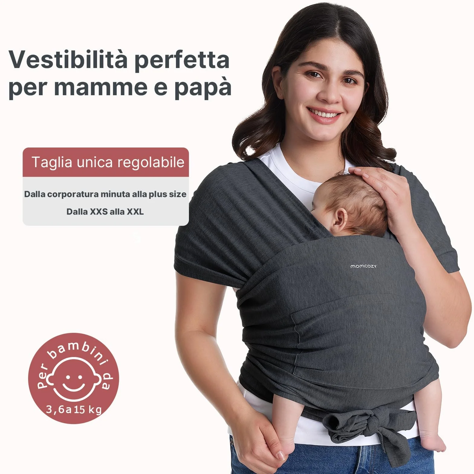 Momcozy Fascia per neonati – Anello facile da indossare – Fascia per il trasporto traspirante per mani libere – Marsupio regolabile da 3,6 kg a 15 kg (Grigio)