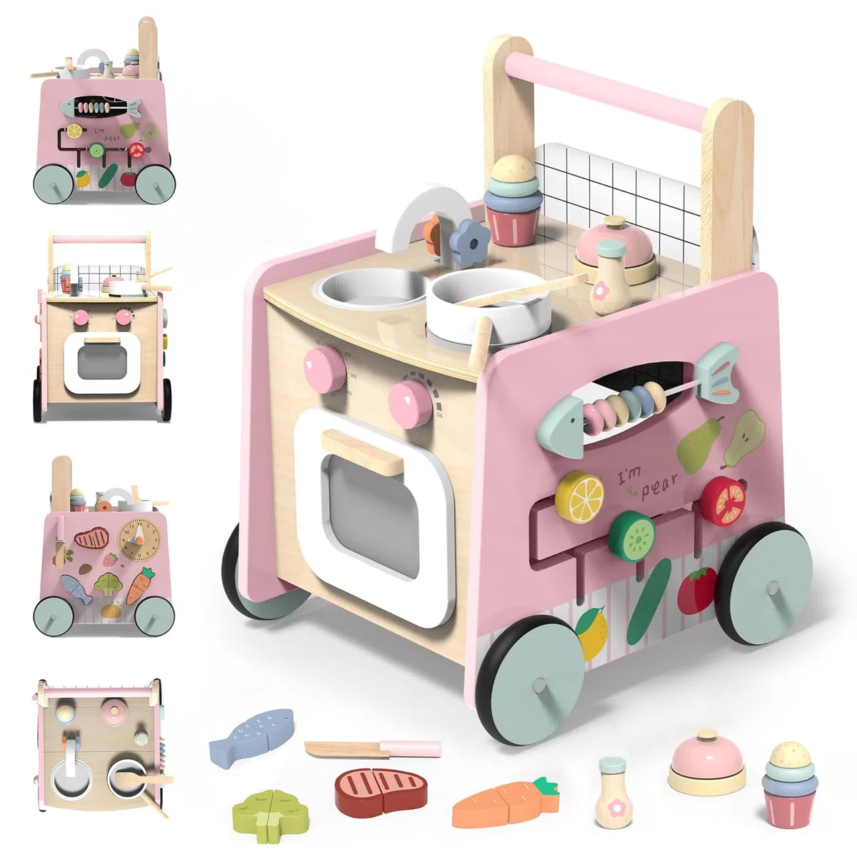 VITONIS Girello per Bambini di Legno, Carrello Primi Passi con 8 Giochi Interattivi, Girello Montessori Push Walker Regalo per Bambini e Ragazze