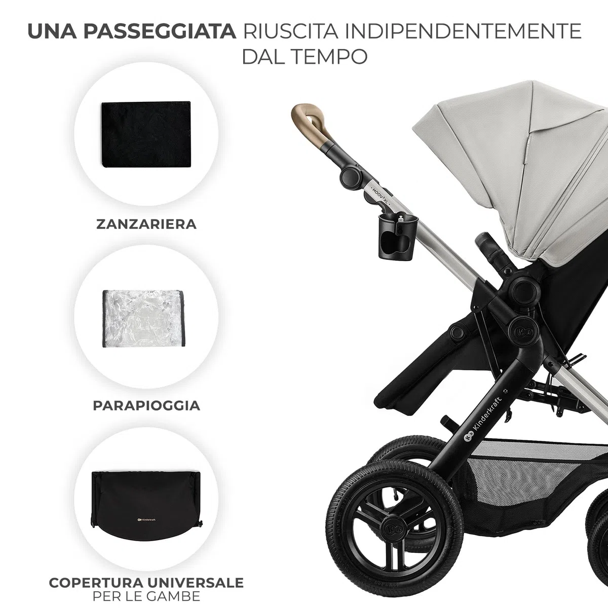 Kinderkraft MOOV XL 3 in 1, Passeggino fino a 27 kg, Carrozzina, Con Seduta I-SIZE 40-75 cm, Pieghevole, Ammortizzatore, Convertibile, Navicella XL, Con Accessori, Grigio Chiaro