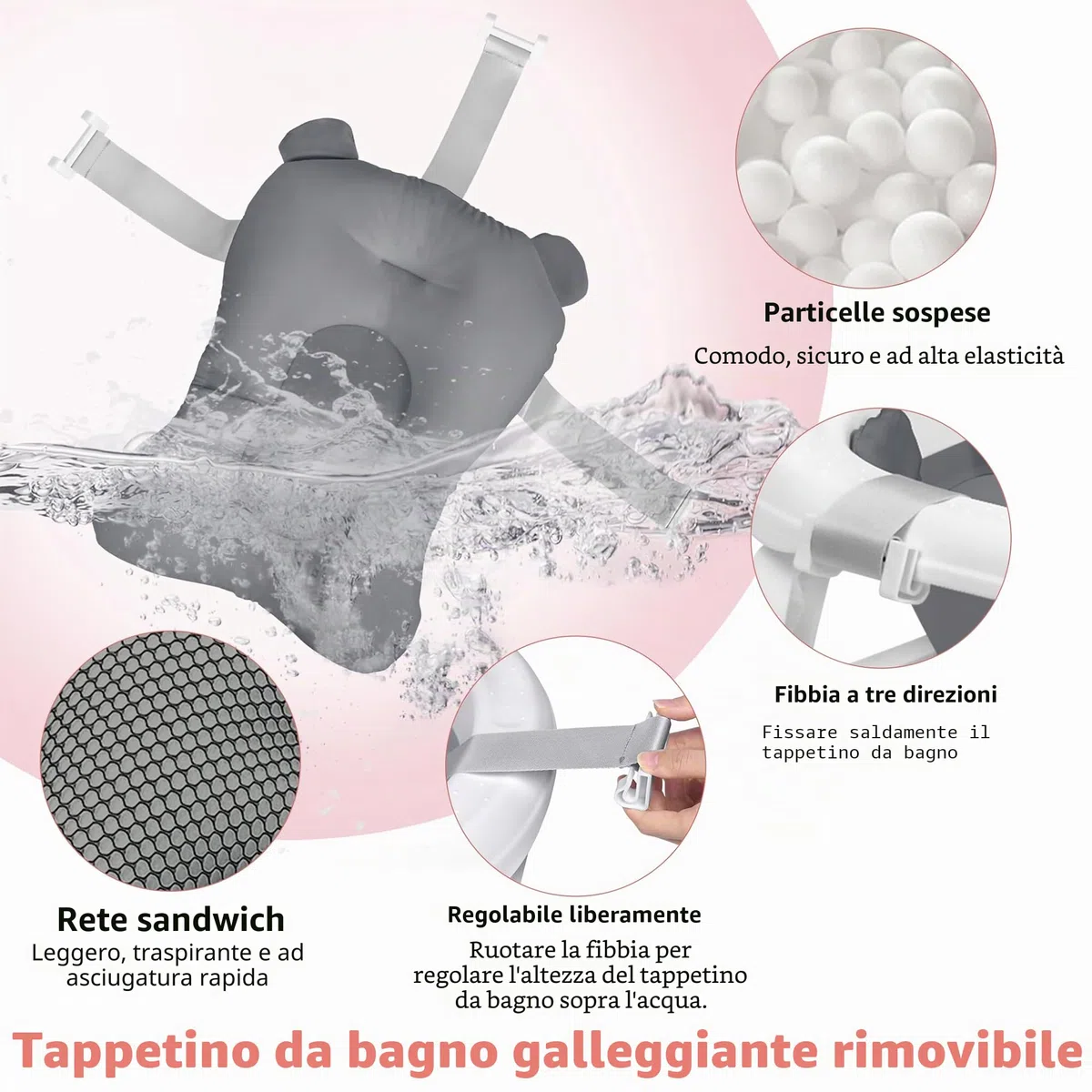 Froadp Vasca da bagno pieghevole per neonati con fori di scarico e poggiapiedi antiscivolo, navicella ergonomica per neonati (antracite, con cuscino)