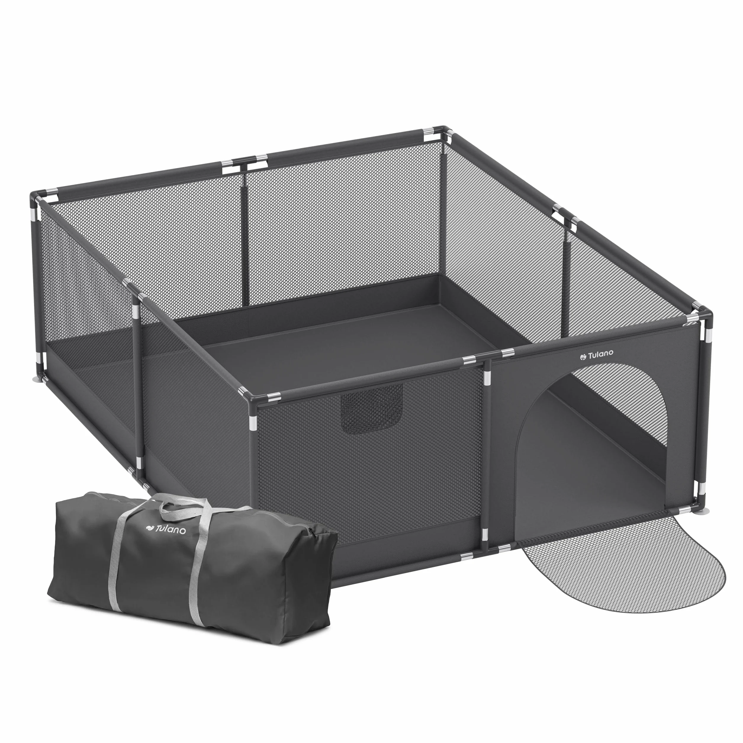 Tulano Cozy 25 Box per Bambini 150x180 cm 6-36 mesi Recinto Neonato con Fondo Struttura in Metallo Rete Traspirante Porta con Cerniera Borsa Inclusa Grafite